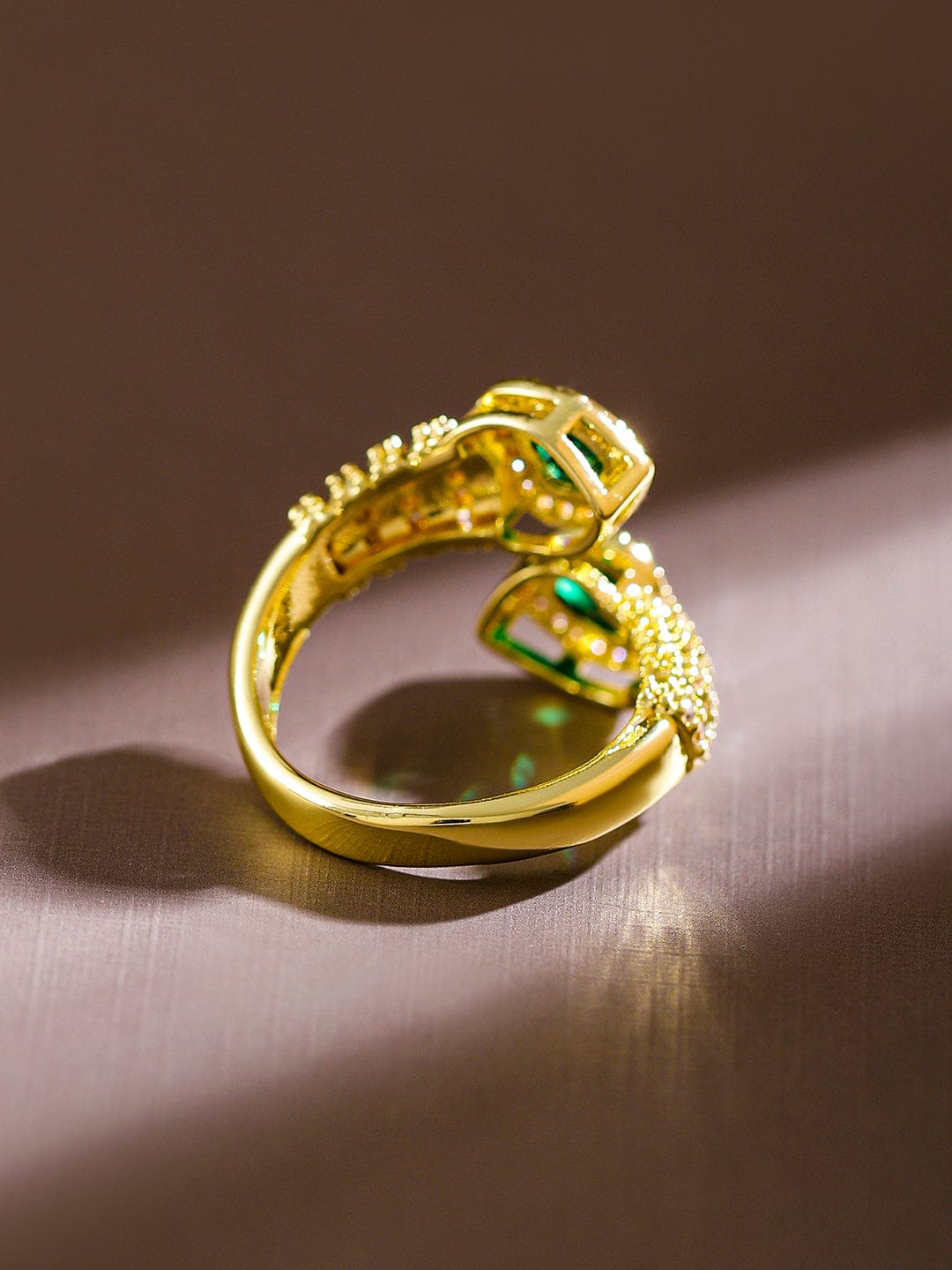 Rubans 18K Gold-Plated Emerald & CubicZirconia Studded Heart Motif Openable Ring