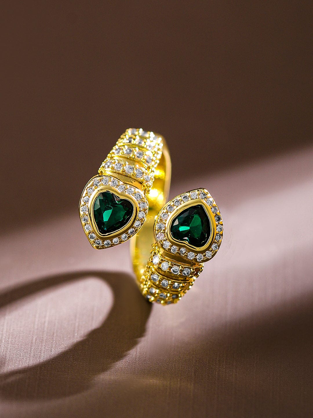 Rubans 18K Gold-Plated Emerald & CubicZirconia Studded Heart Motif Openable Ring