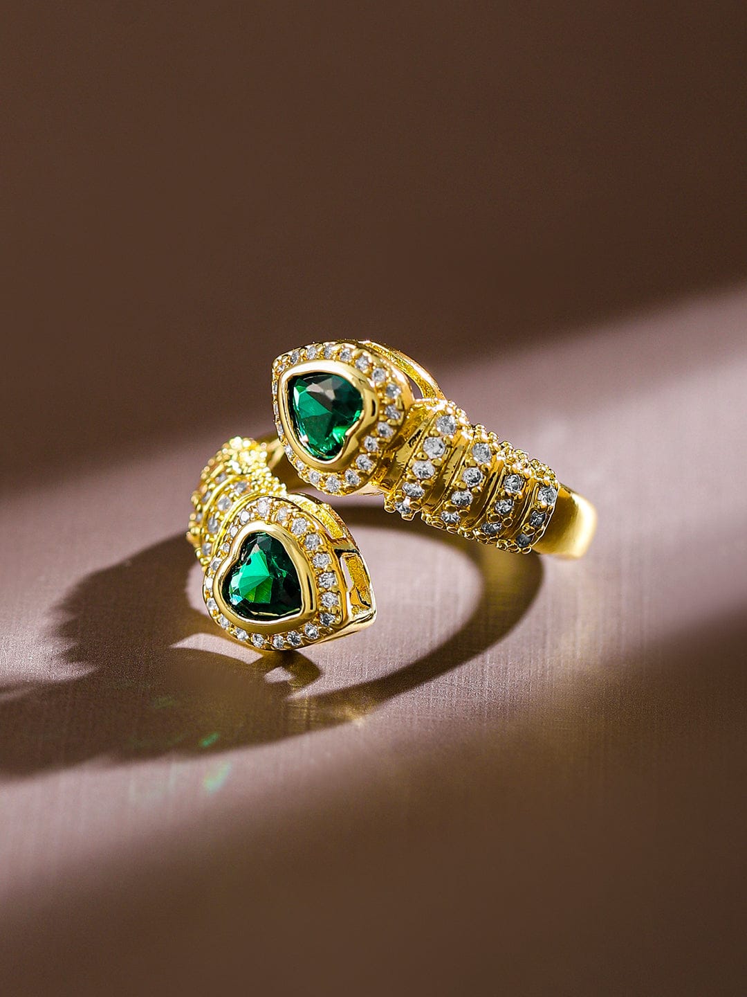 Rubans 18K Gold-Plated Emerald & CubicZirconia Studded Heart Motif Openable Ring