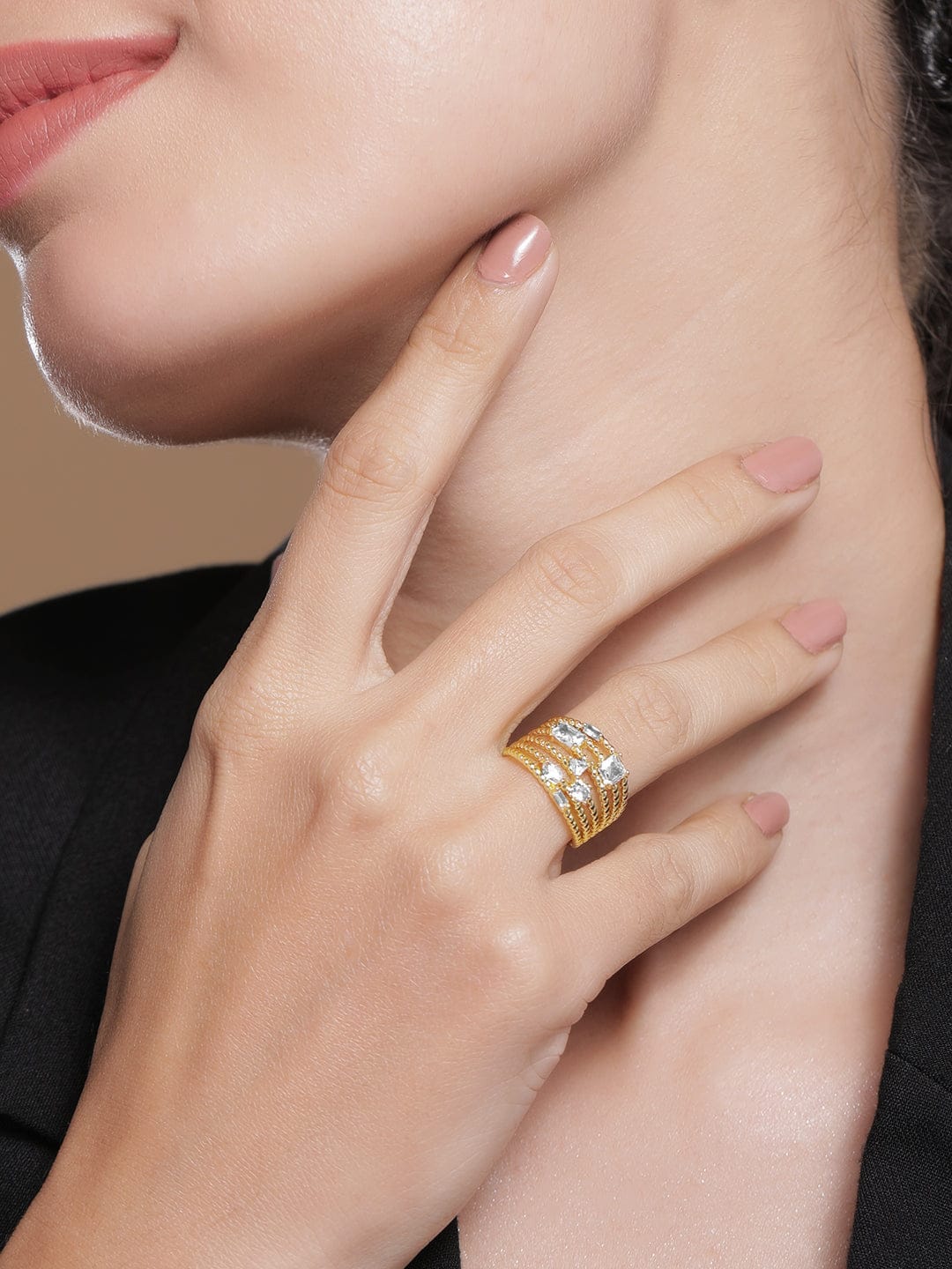 Gold Toned American Diamond Zirconia Studded Ring