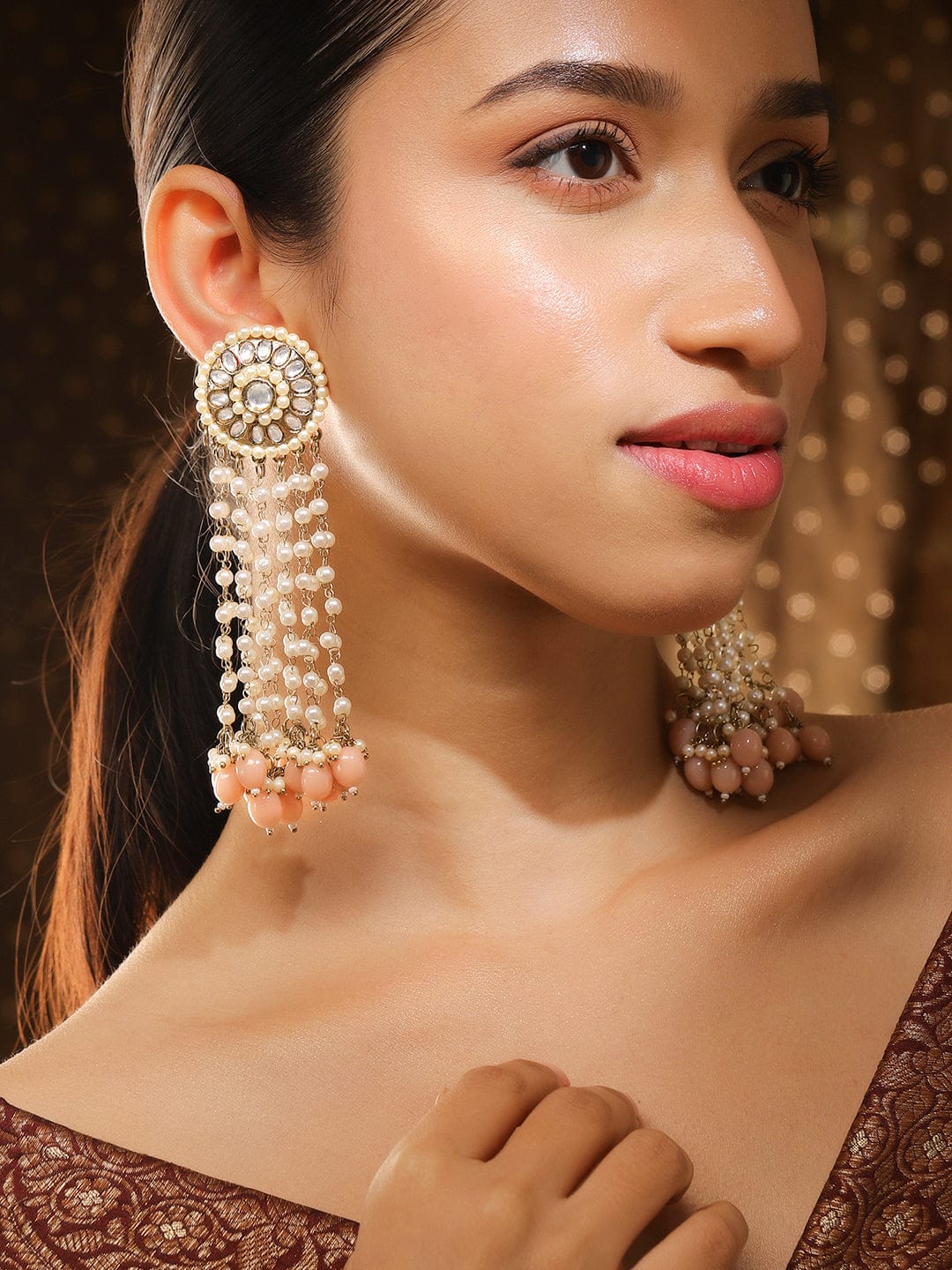 Rubans 18K Gold-Plated Multilayered Kundan & Pearl Beaded Long Earrings with Peach Pink Beads