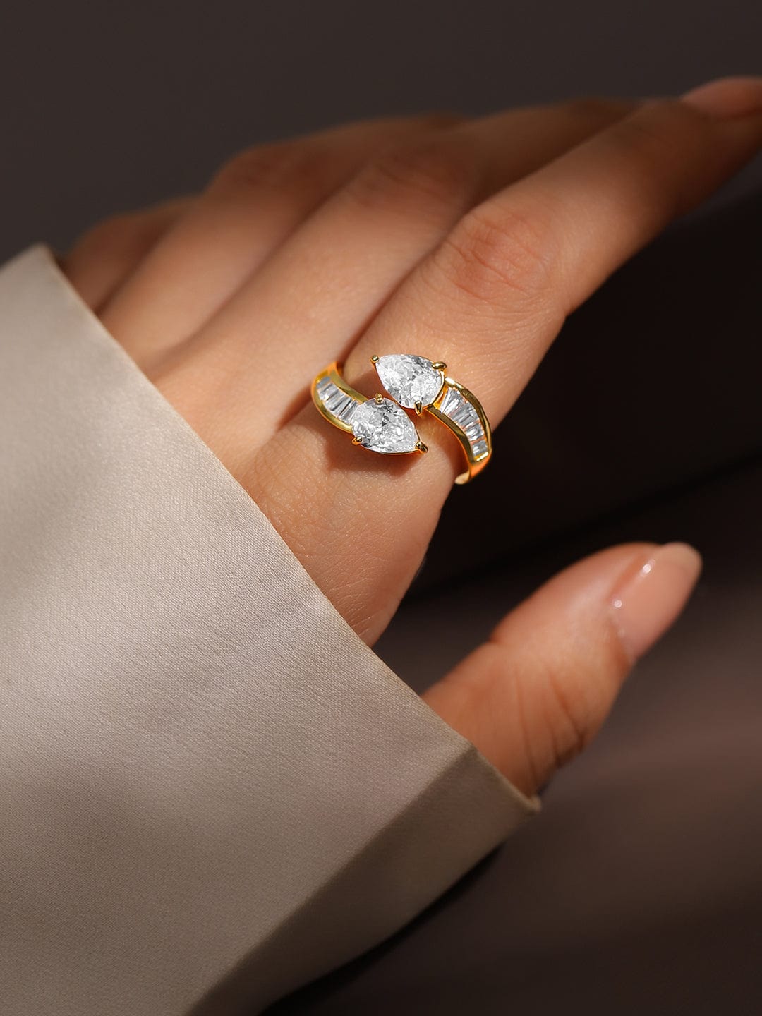 Rubans 18K Gold-Plated Pear-Cut Cubic Zirconia Studded Openable Adjustable Ring