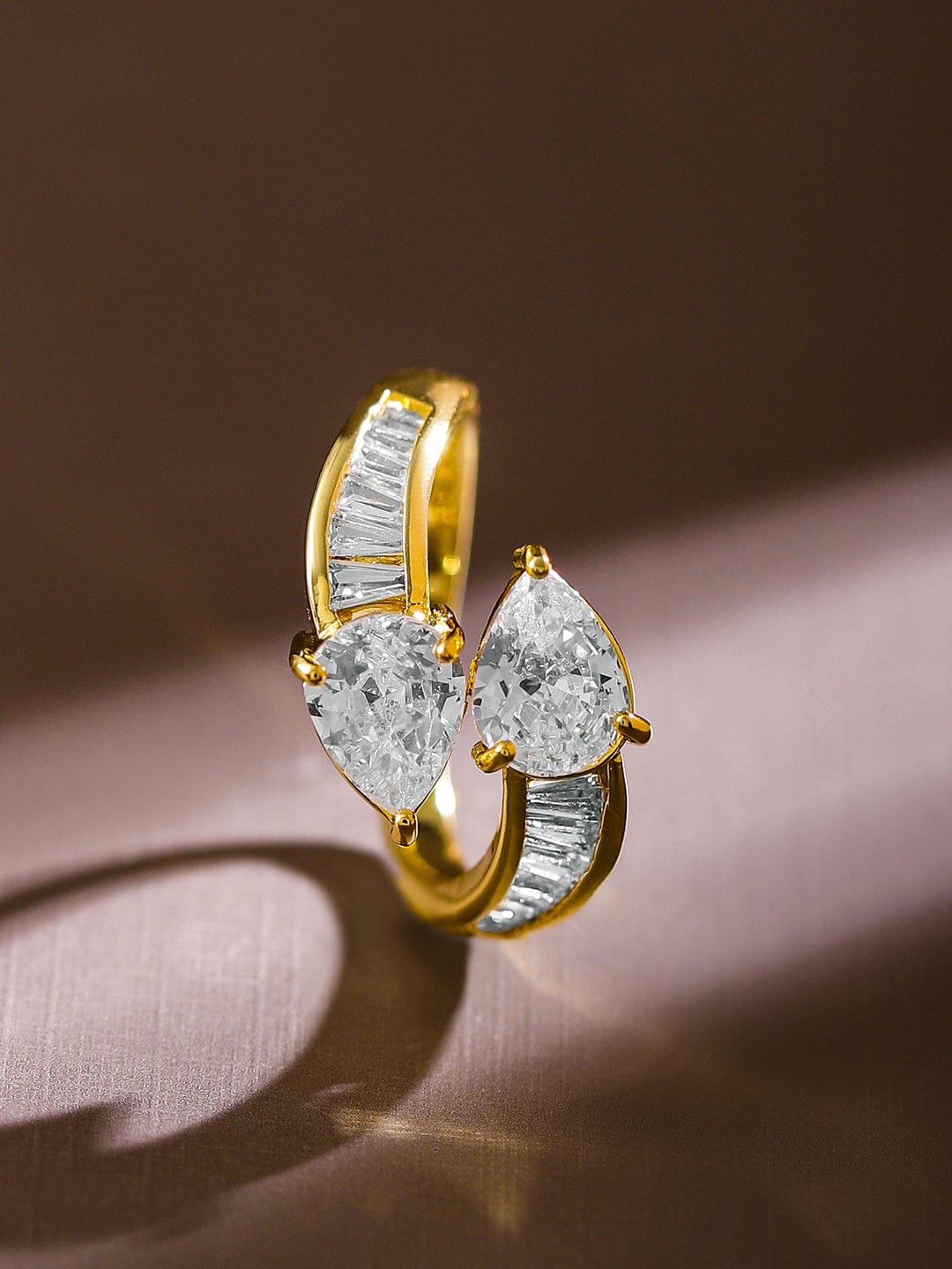 Rubans 18K Gold-Plated Pear-Cut Cubic Zirconia Studded Openable Adjustable Ring