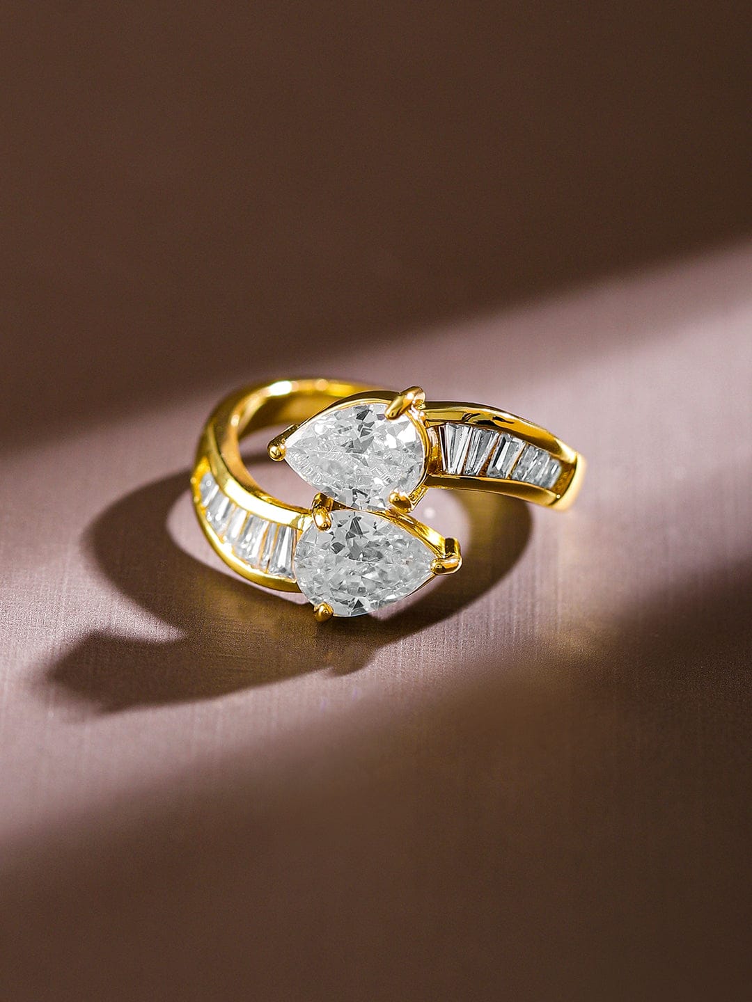 Rubans 18K Gold-Plated Pear-Cut Cubic Zirconia Studded Openable Adjustable Ring