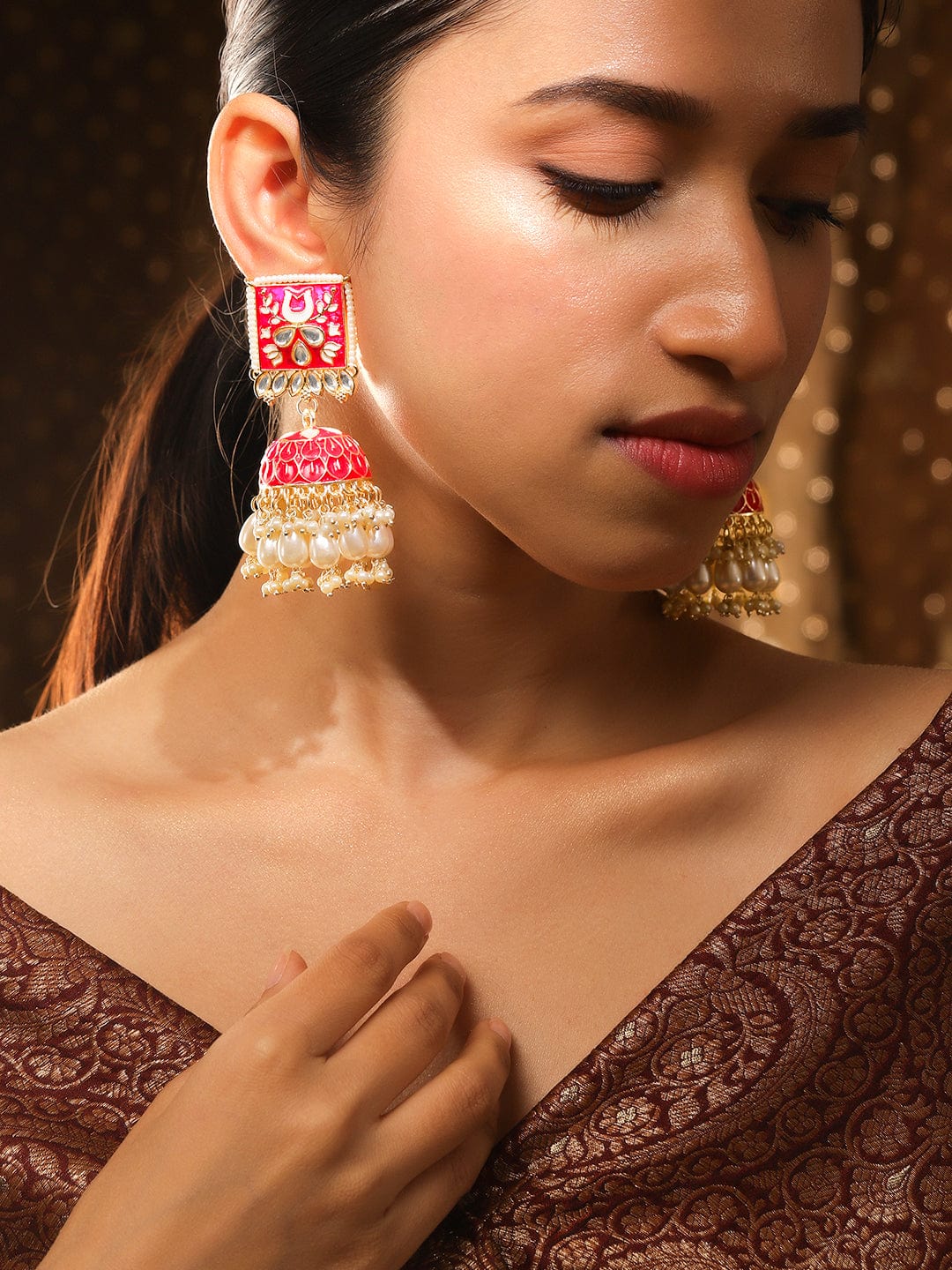Rubans 18K Gold-Plated Pink Kundan Studded Enamel Handcrafted Dome Jhumkas with White Beads