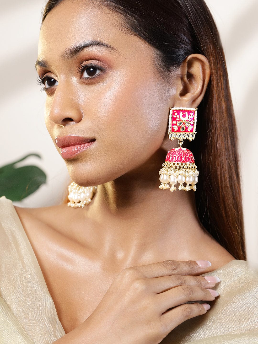 Rubans 18K Gold-Plated Pink Kundan Studded Enamel Handcrafted Dome Jhumkas with White Beads