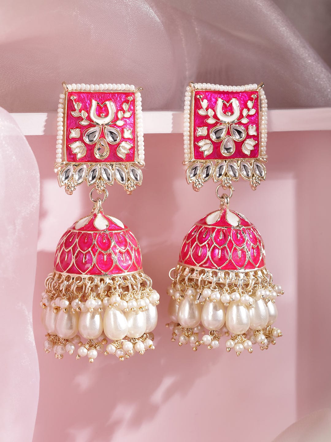 Rubans 18K Gold-Plated Pink Kundan Studded Enamel Handcrafted Dome Jhumkas with White Beads
