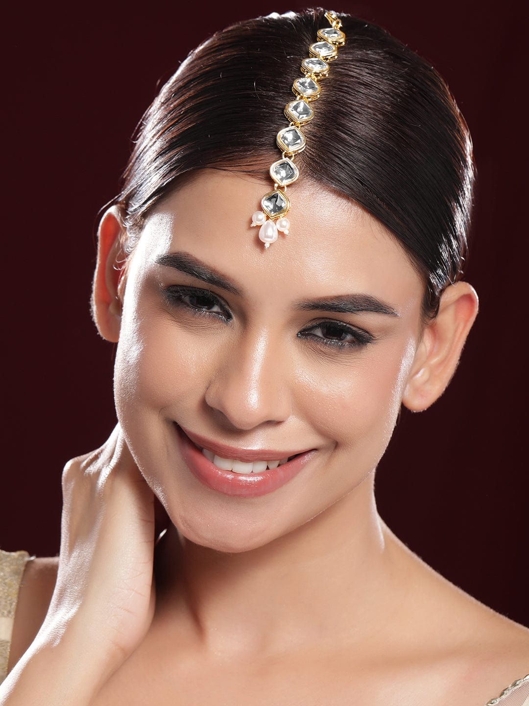 Rubans 18K Gold-Plated White Kundan-Studded Maangtika with White Pearls