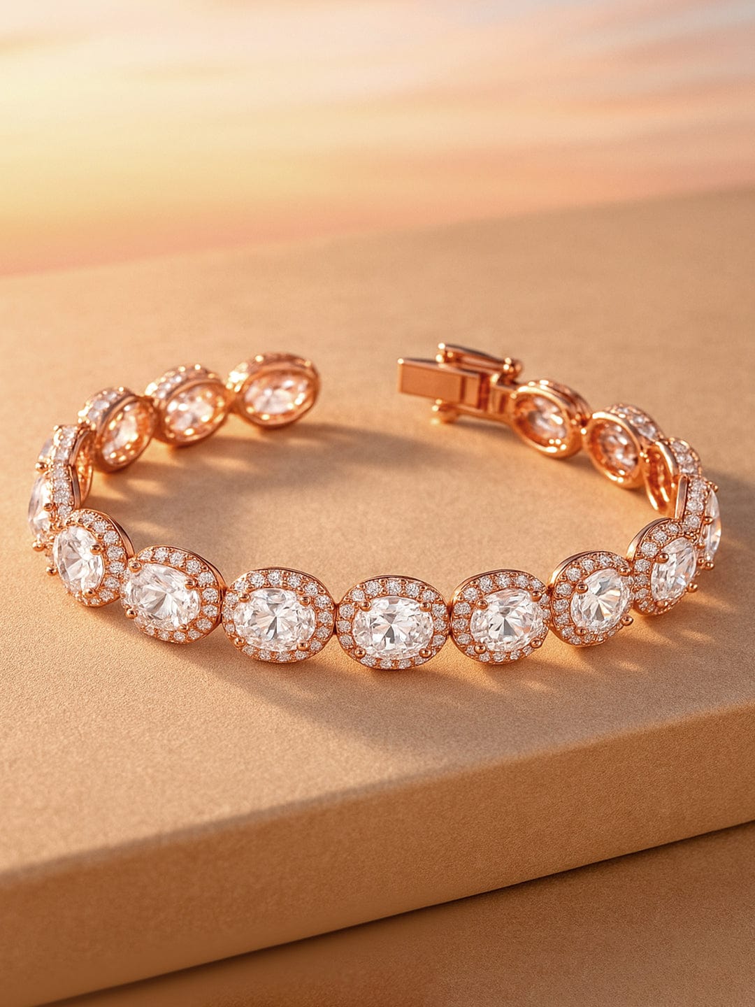 Rubans 18K Rose Gold-Plated Oval-Cut AAA Cubic Zirconia Studded Premium Tennis Bracelet
