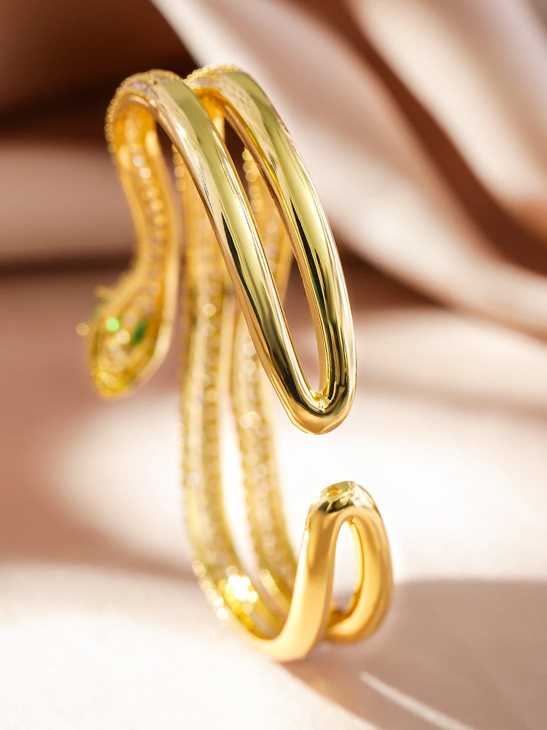 Rubans 22K Gold-Plated Double Snake-Design Emerald and Cubic Zirconia Openable Bracelet
