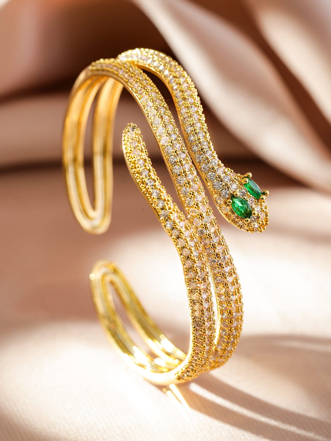 Rubans 22K Gold-Plated Double Snake-Design Emerald and Cubic Zirconia Openable Bracelet