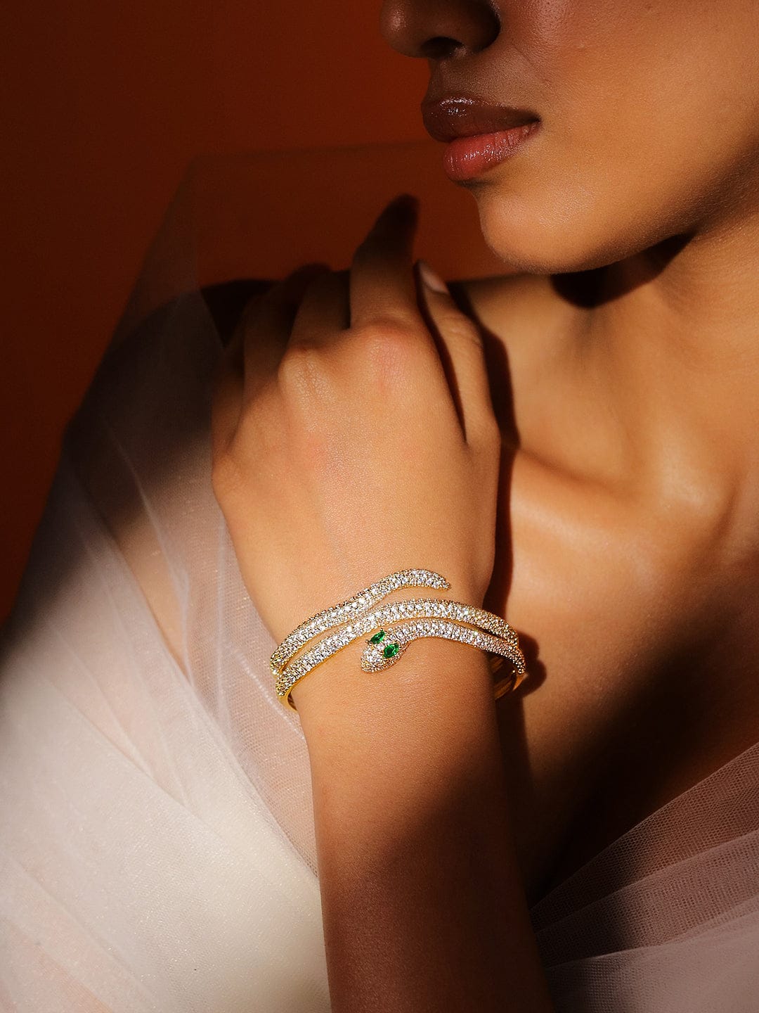 Rubans 22K Gold-Plated Double Snake-Design Emerald and Cubic Zirconia Openable Bracelet