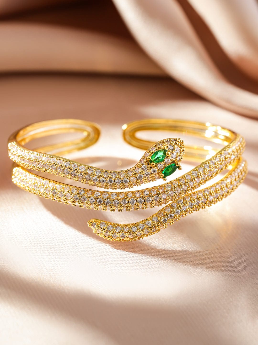 Rubans 22K Gold-Plated Double Snake-Design Emerald and Cubic Zirconia Openable Bracelet