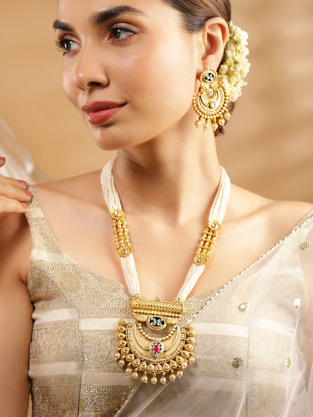 Rubans 22K Gold-Plated Pearl Beaded Multi-Strand Necklace Set with Kundan & Ruby Accents and Earrings