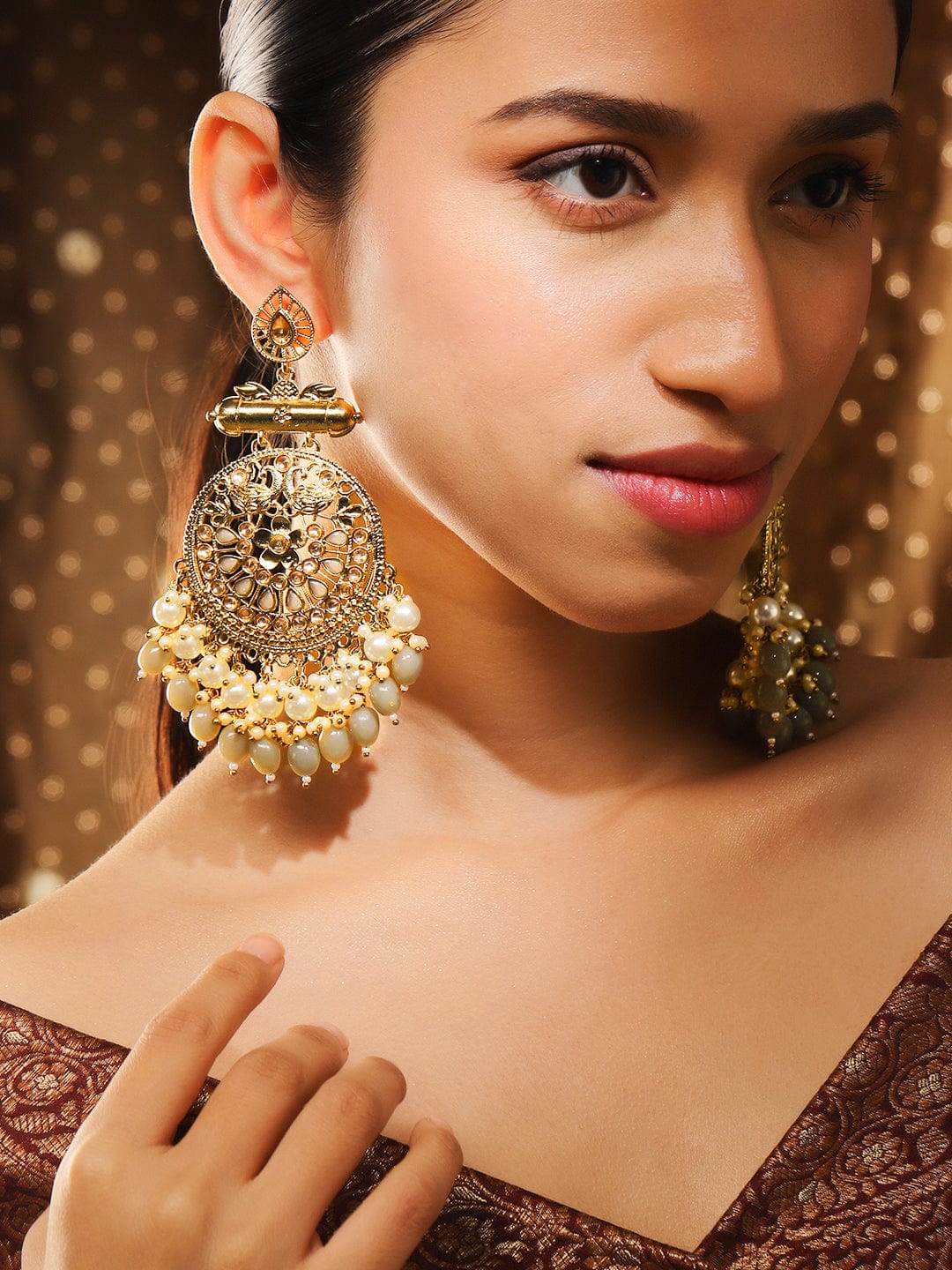 Rubans 22K Gold-Plated Pearl & Grey Stone Studded & Beaded Big Traditional Chandbali Earrings