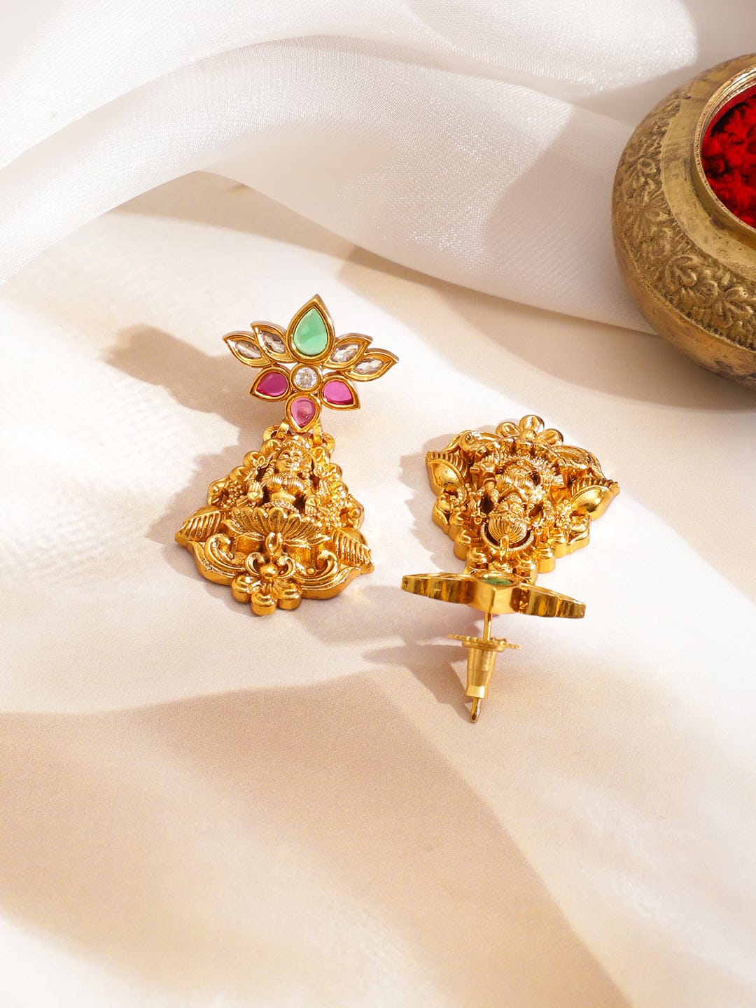 Golden Studded Floral Temple Necklace Set