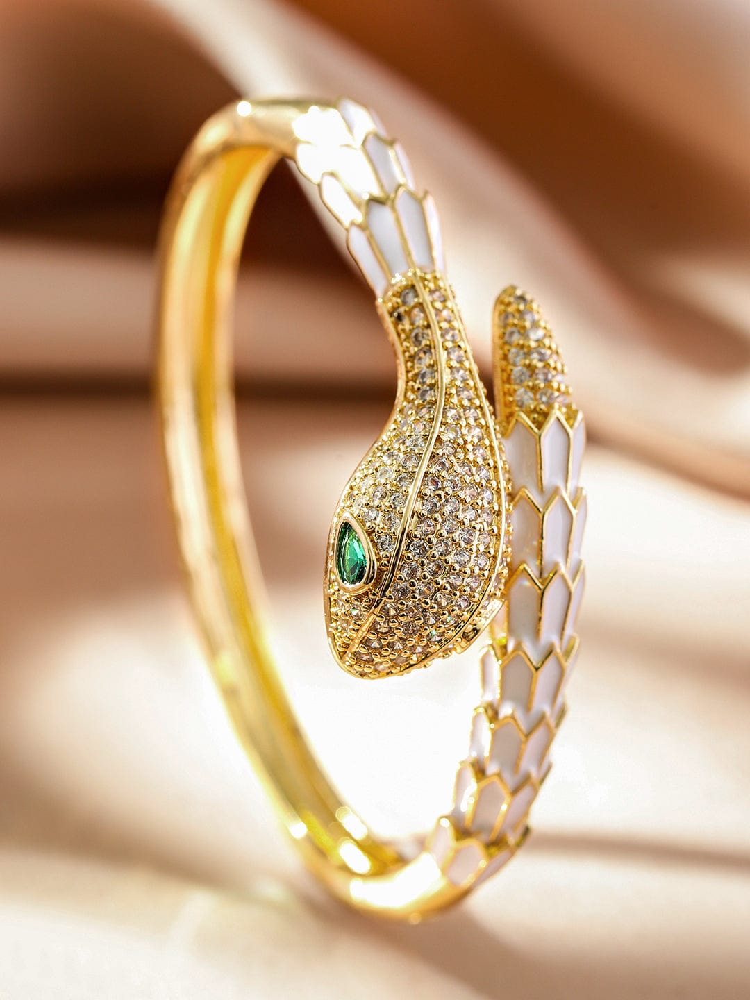 Rubans 22K Gold-Plated Zirconia Snake Motif Bracelet with Enamel Details & Emerald Accents