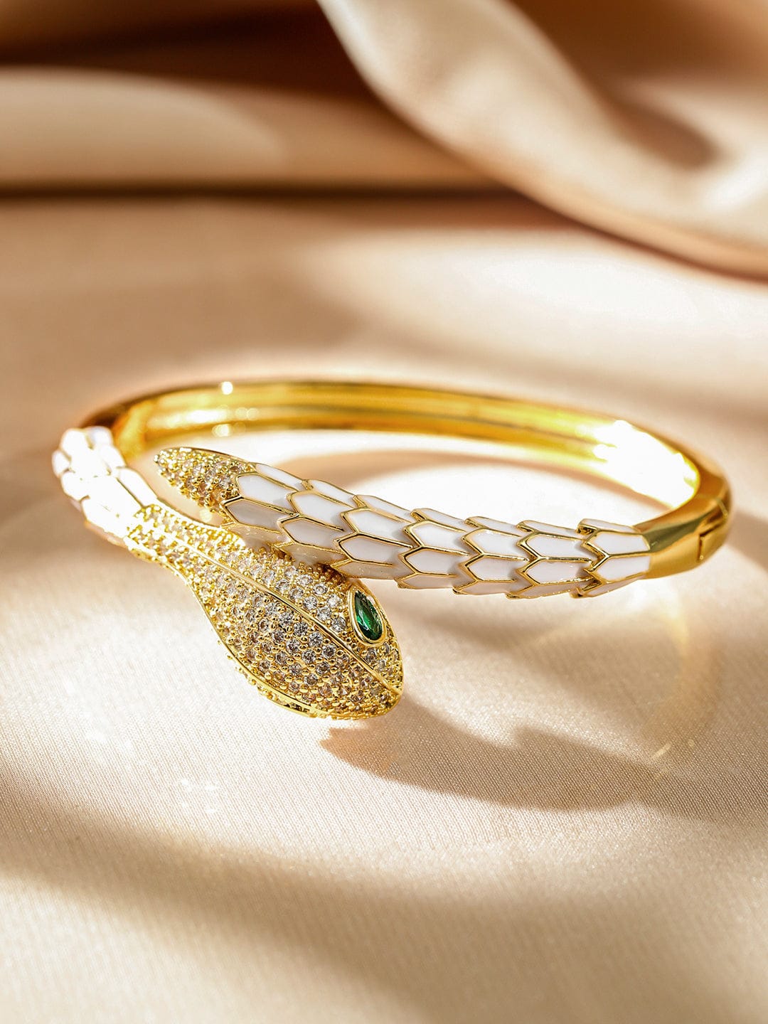 Rubans 22K Gold-Plated Zirconia Snake Motif Bracelet with Enamel Details & Emerald Accents
