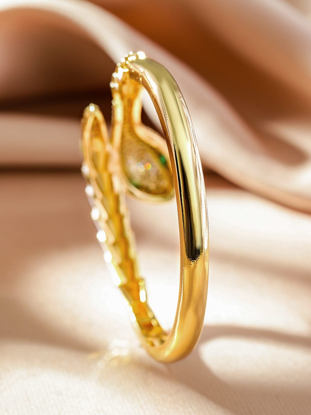 Rubans 22K Gold-Plated Zirconia Snake Motif Bracelet with Enamel Details & Emerald Accents