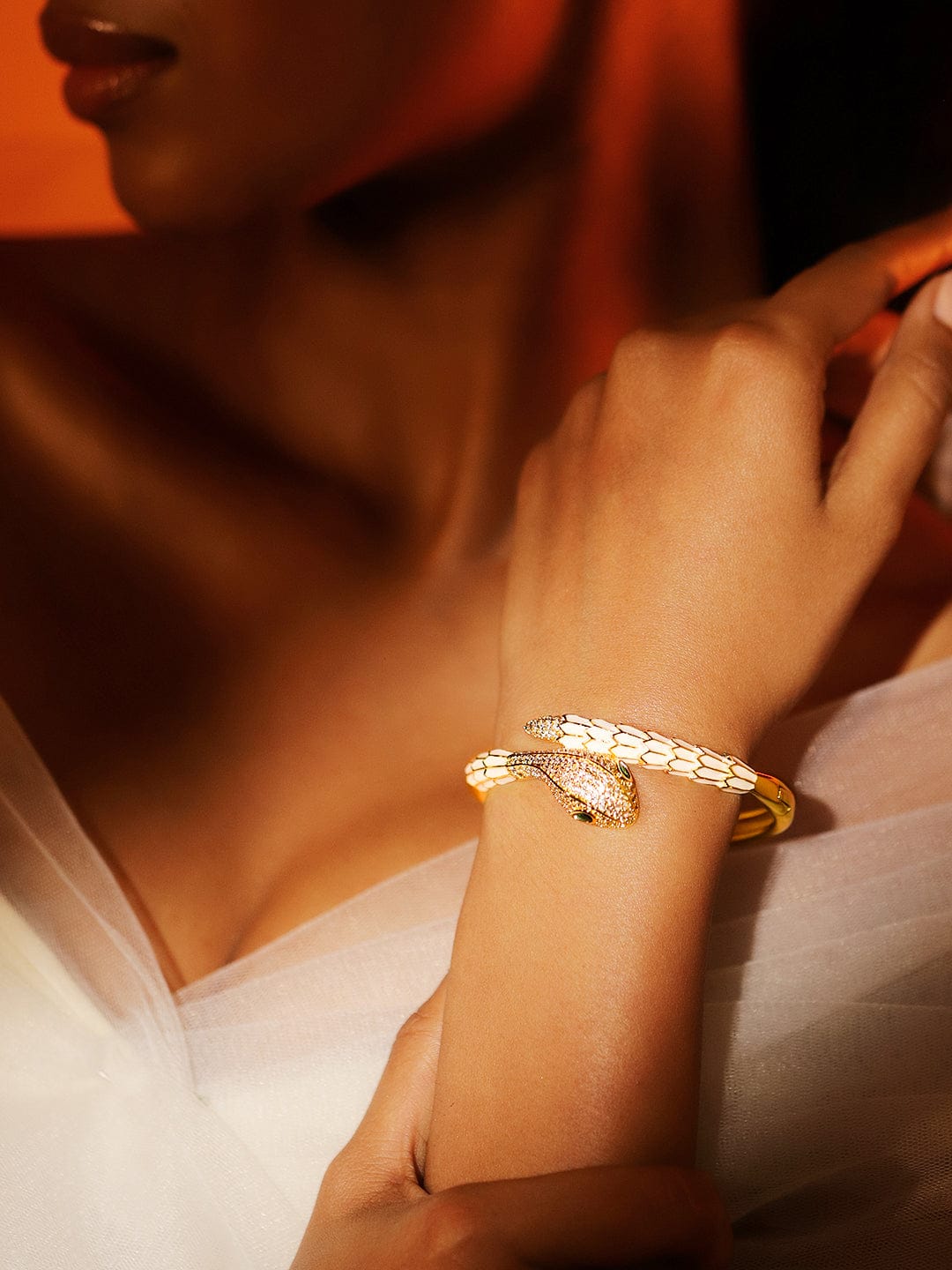 Rubans 22K Gold-Plated Zirconia Snake Motif Bracelet with Enamel Details & Emerald Accents
