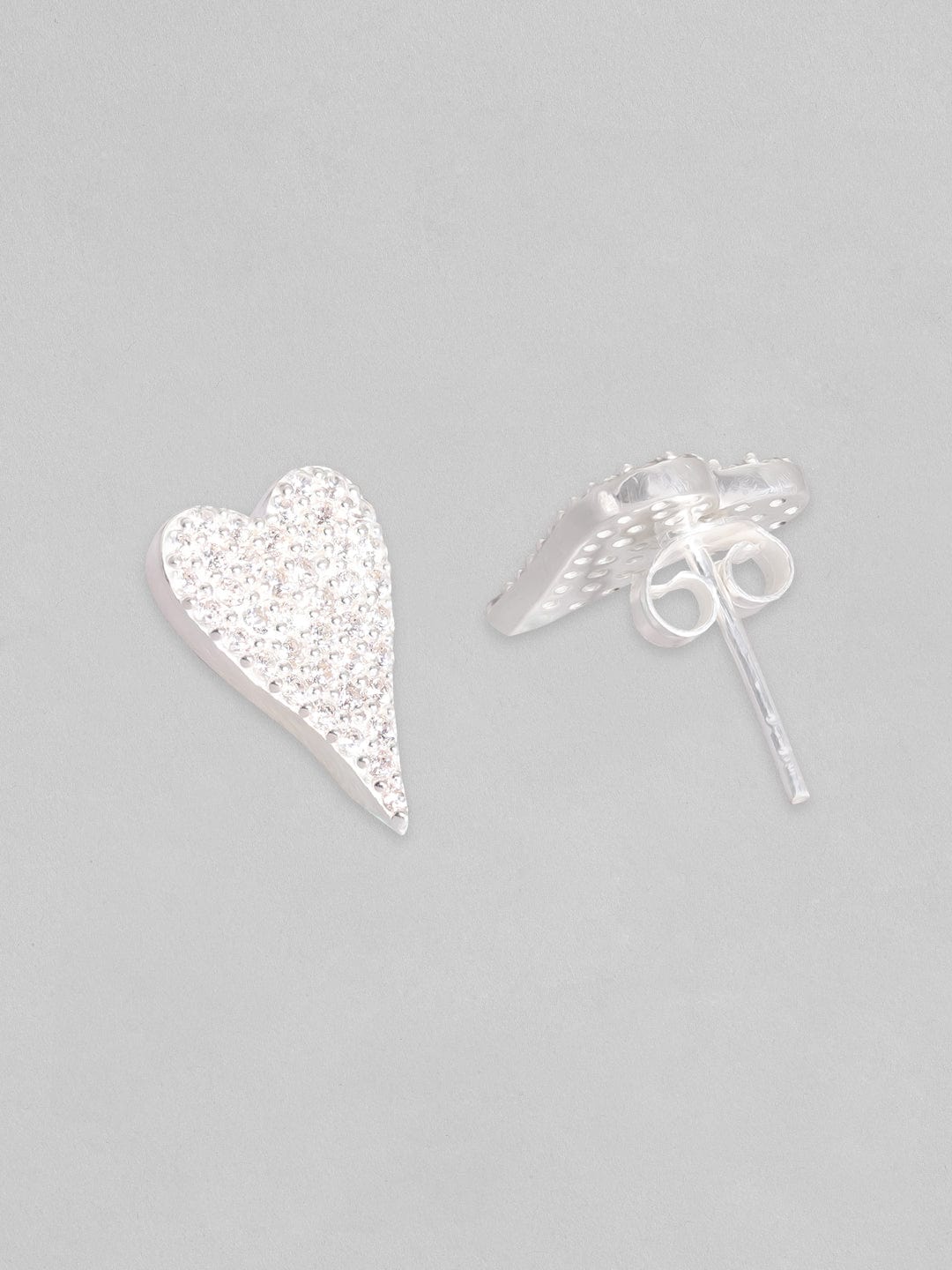 Rubans 925 Silver, Rhodium Plated Pave Zircons Studded Heart Motif Stud Earrings.