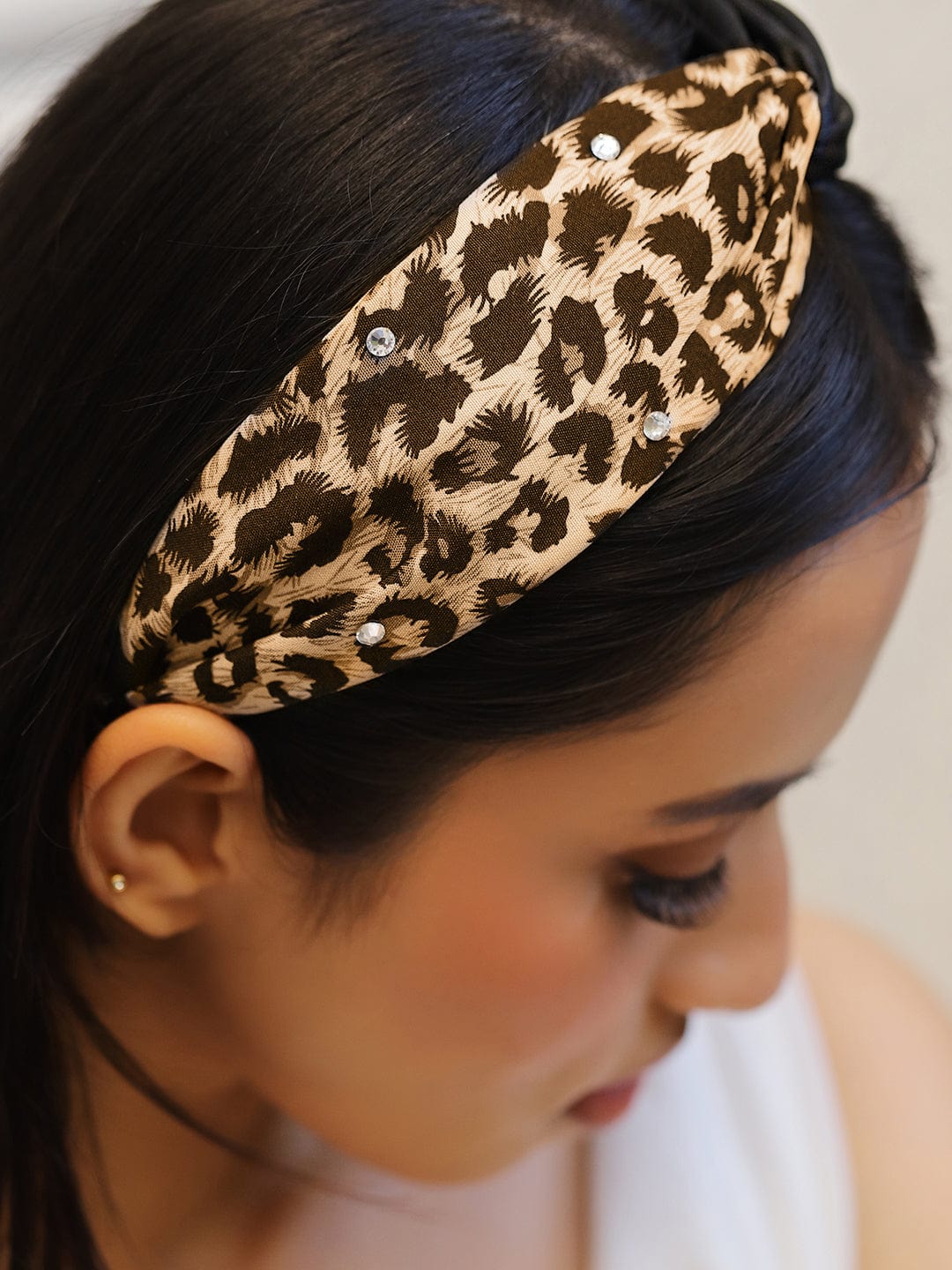 Rubans Brown & Leopard Print Twisted Headband with Embellished Crystal Detailing
