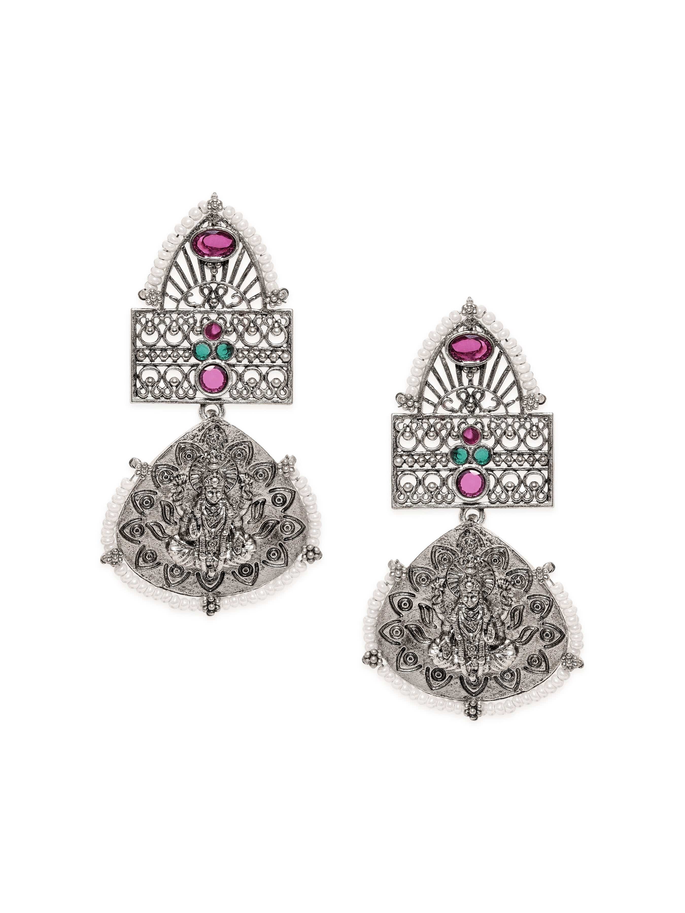 Rubans Enchanted Elegance Oxidized Silver Plated Kempstone Pearl Beaded Earrings