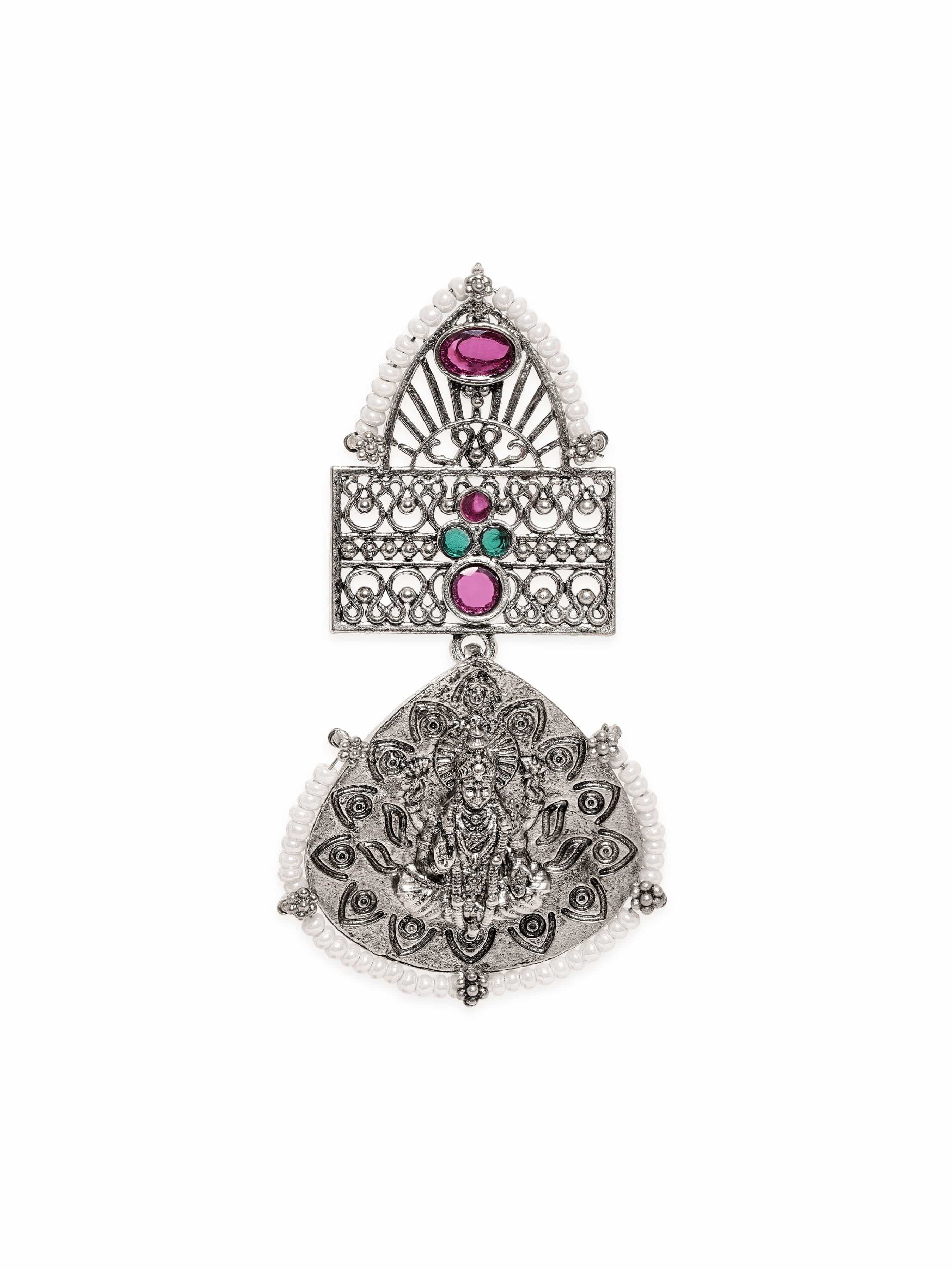 Rubans Enchanted Elegance Oxidized Silver Plated Kempstone Pearl Beaded Earrings