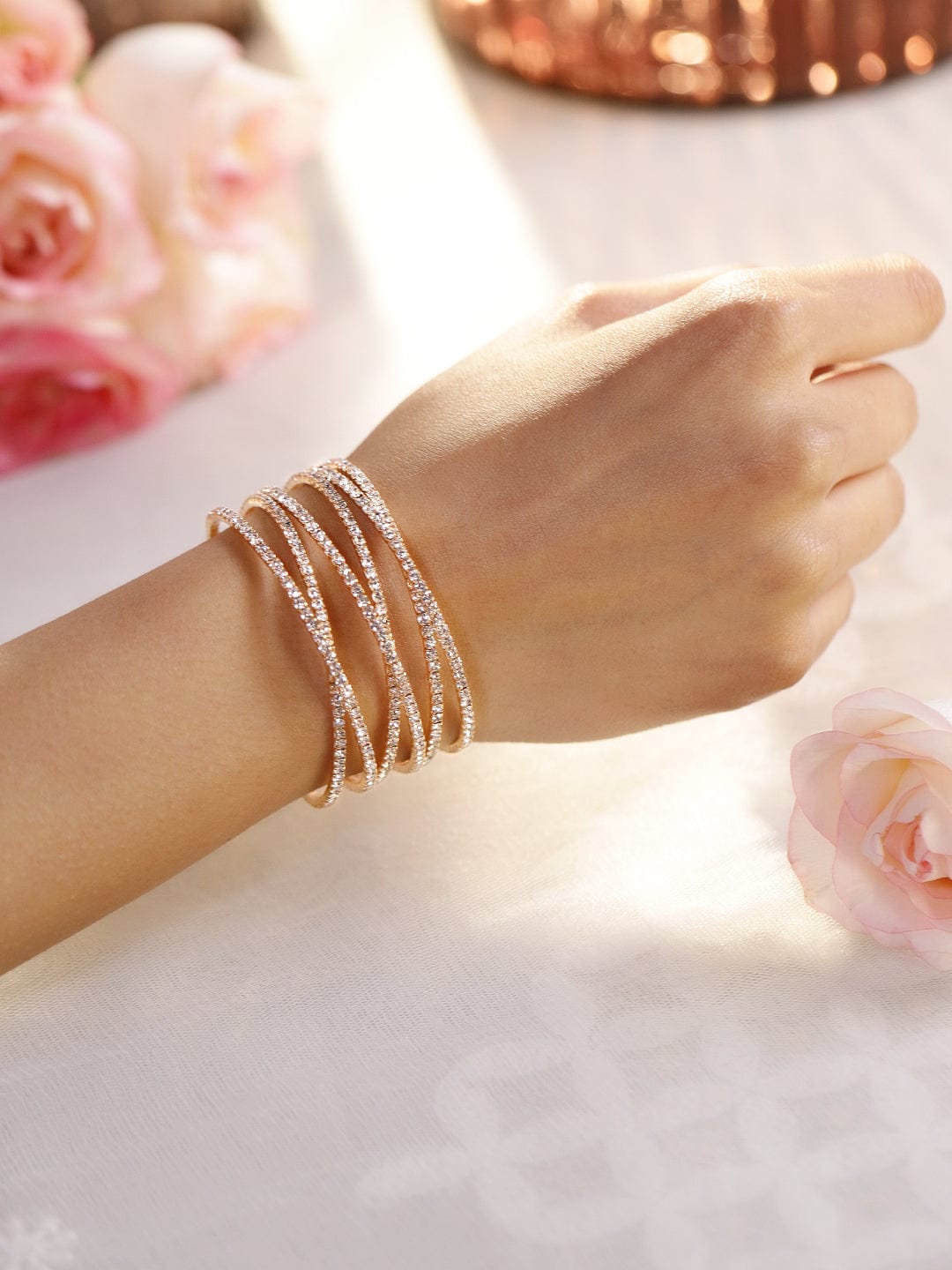 Rubans Gold-Plated Cubic Zirconia Stone Studded Cuff Bracelet