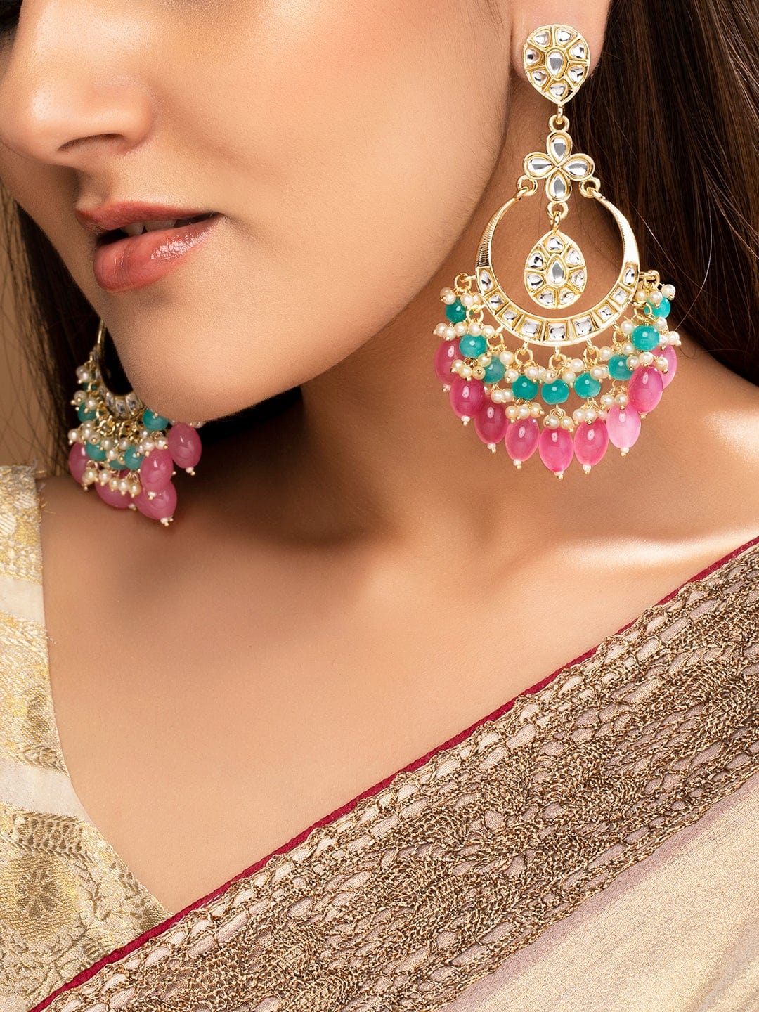 Rubans 18K Gold Plated Kundan Studded Multicolor Big Chandbali with White Pink & Blue Bead