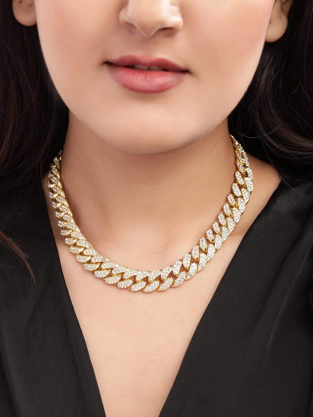 Rubans Gold Plated Handcrafted Rhinestone Interlink Chain Necklace