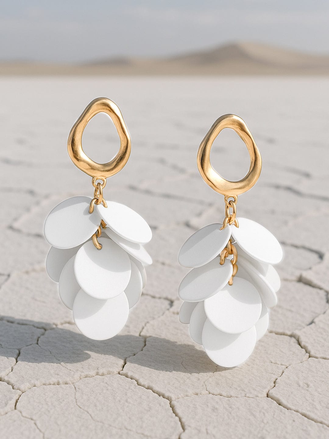 Rubans Gold Plated Handcrafted White Circular Plates Drop Earrings