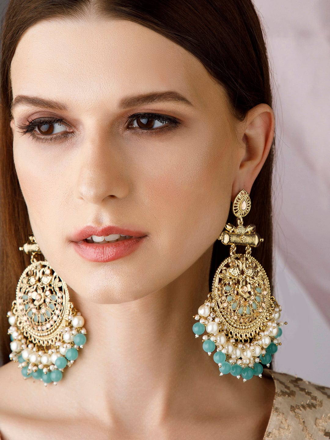 Rubans 18K Antique Gold-Plated Big Chandbali with Pearl & Turquoise Blue Bead Accents