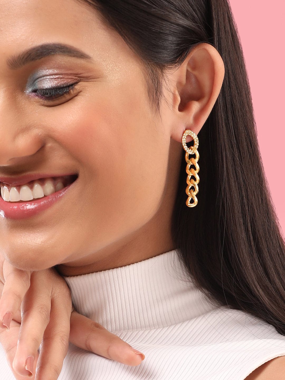 Rubans Voguish Gold Toned Cuban Link  Cubic Zirconia Drop Earrings