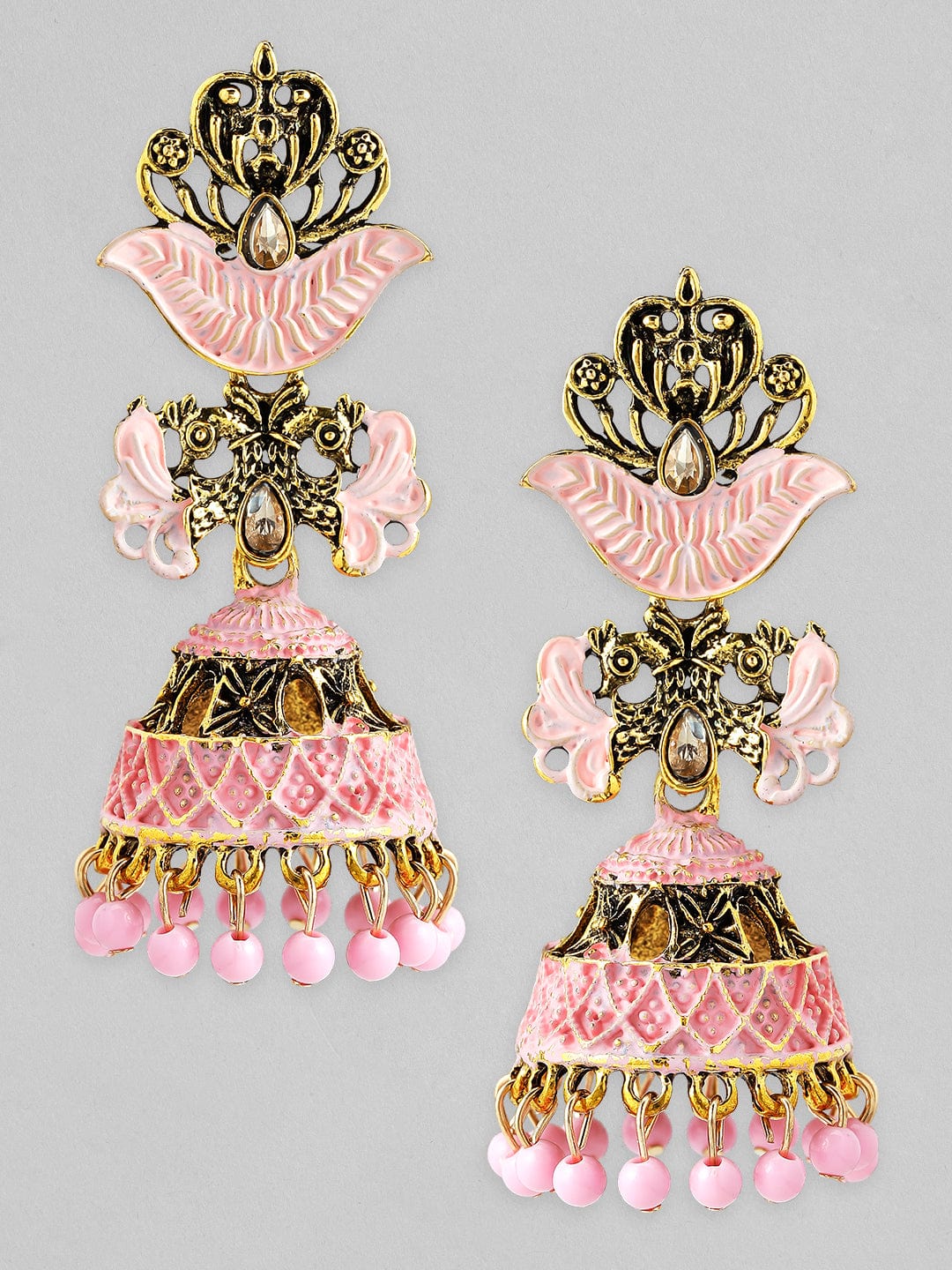 Rubans Gold Toned Pink Enameled Jhumka Earrings