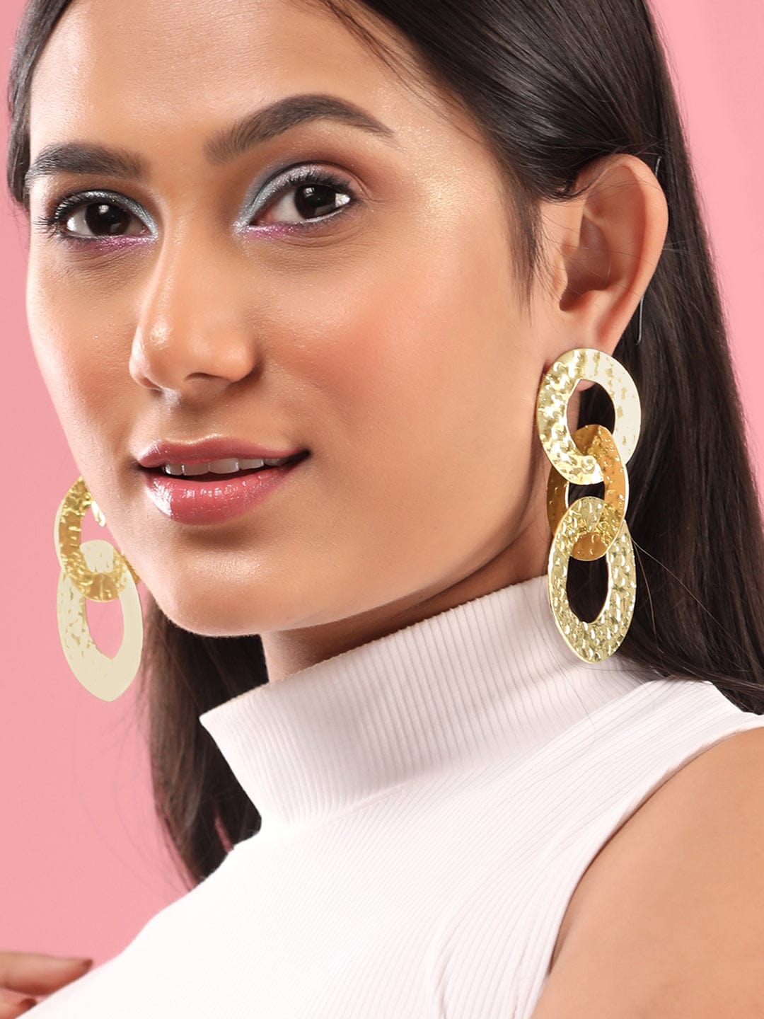 Rubans Voguish Gold Toned Textured Cuban Link Dangle Earrings