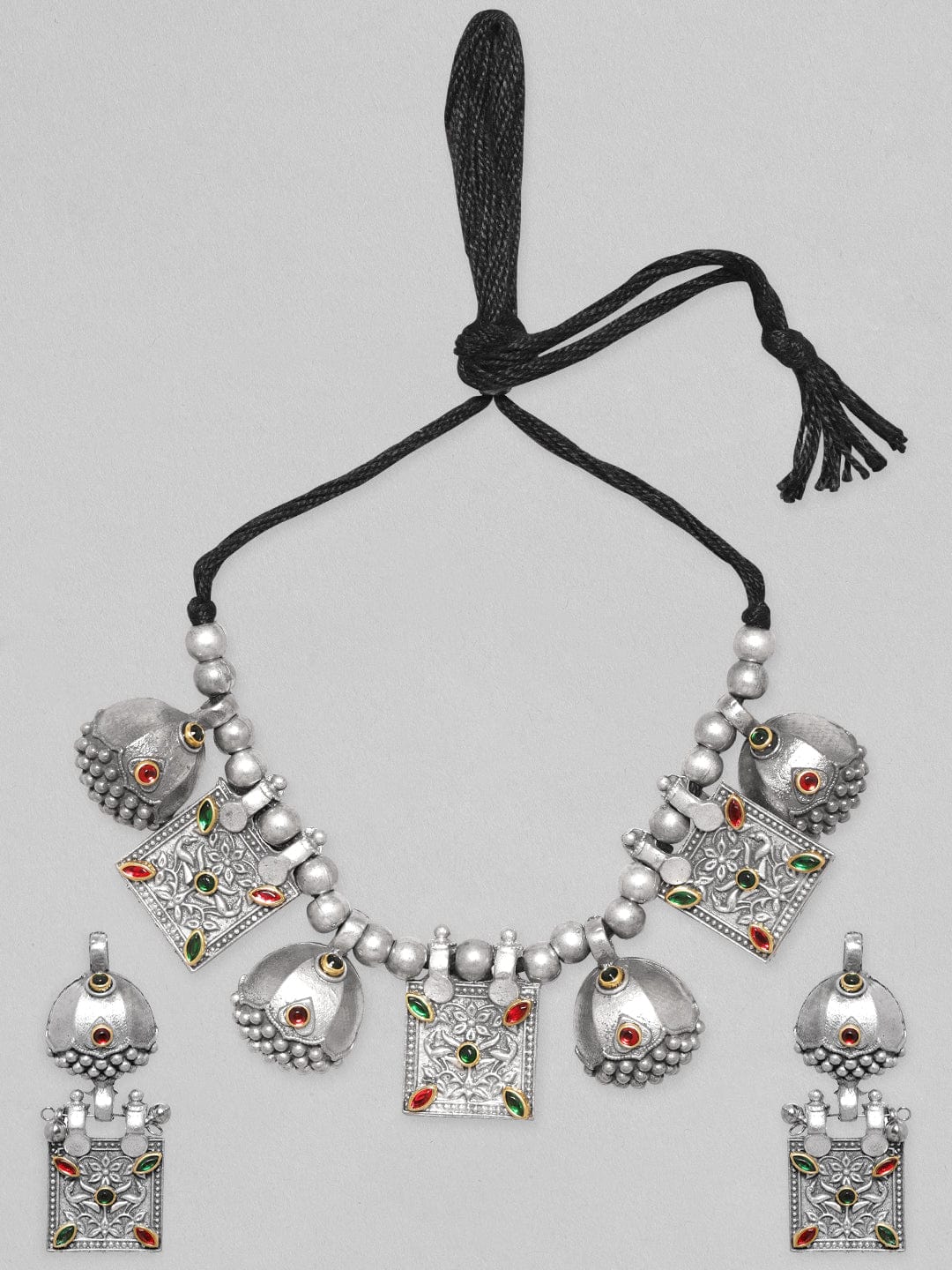 Rubans Oxidised Women Silver-Plated Kundan-Studded Jewellery Set