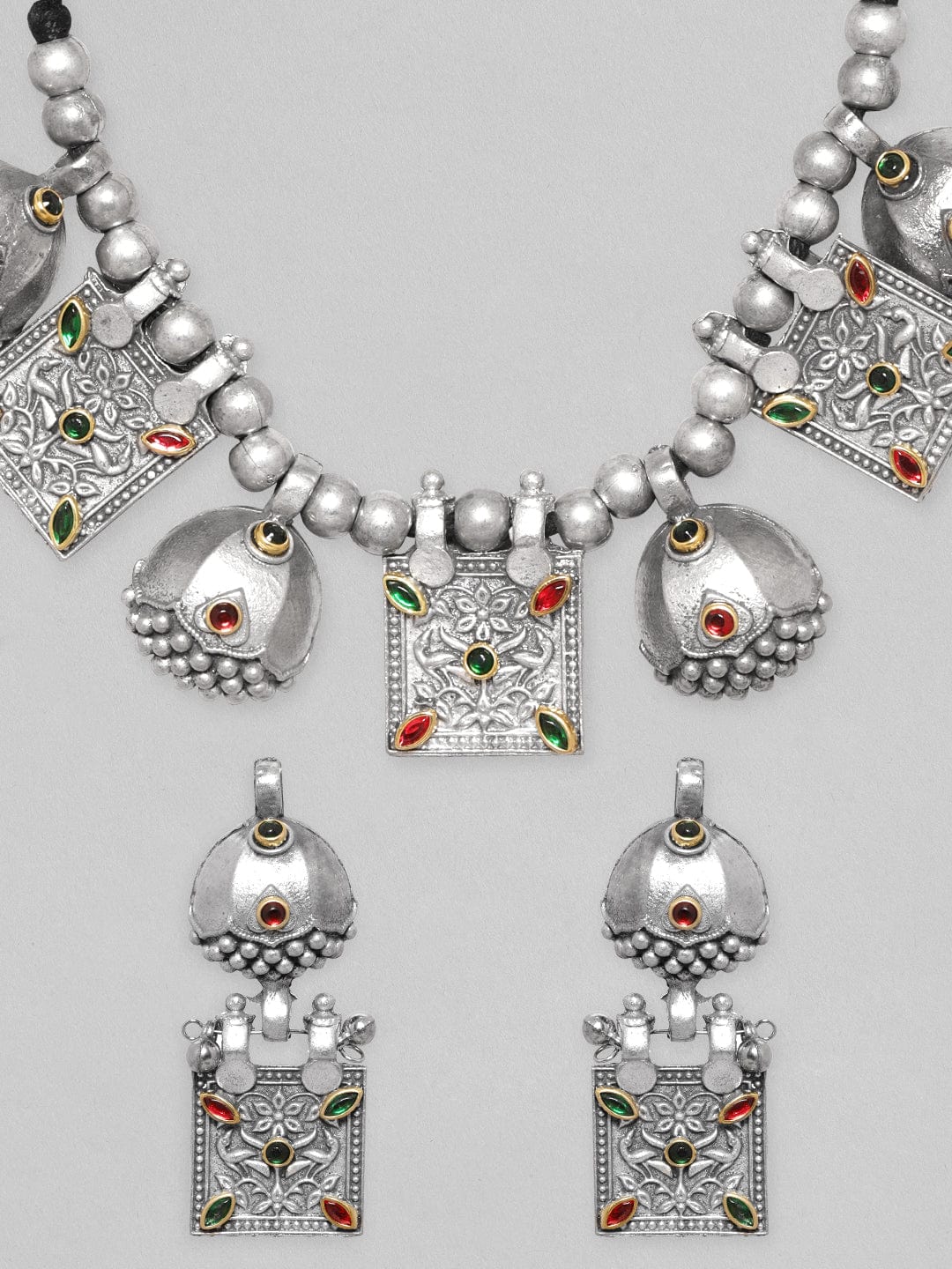 Rubans Oxidised Women Silver-Plated Kundan-Studded Jewellery Set