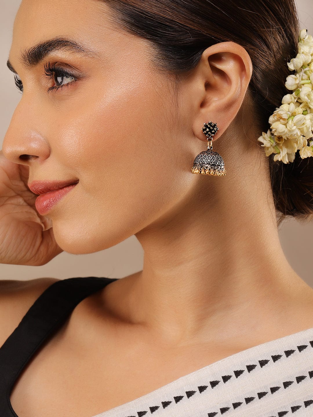 Rubans Oxidized Silver-Plated Dual-Tone Jhumka Earrings with Gold Beaded Drops