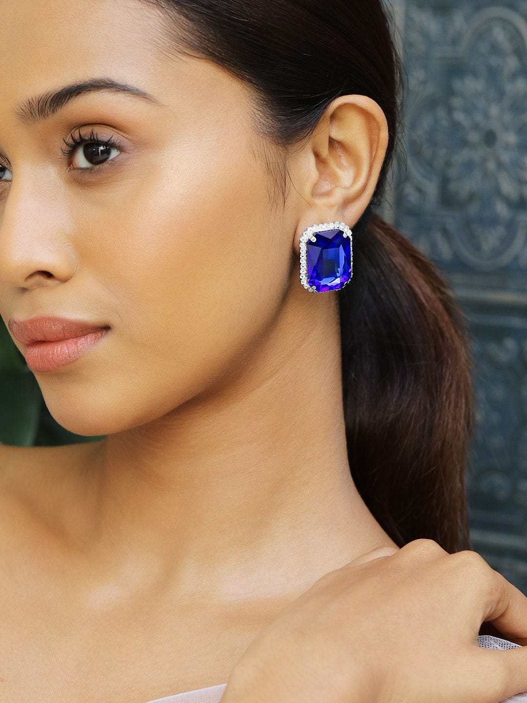 Blue Crystal Embellished Stud Earrings