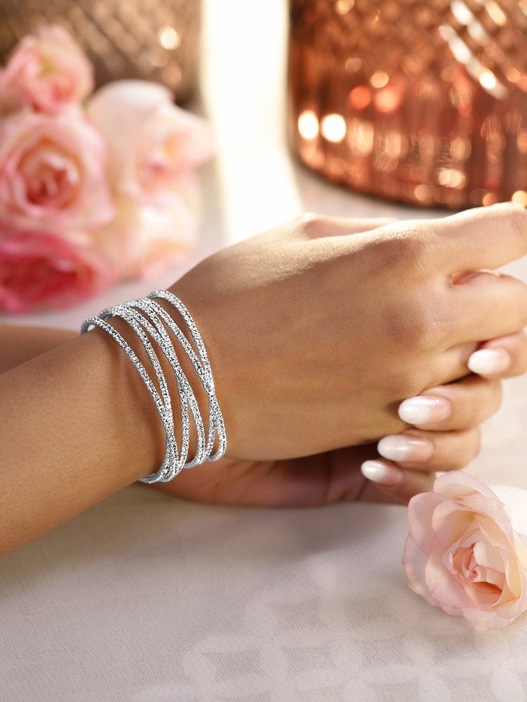 Rubans Rhodium-Plated Crystals Stone Studded Cuff Bracelet