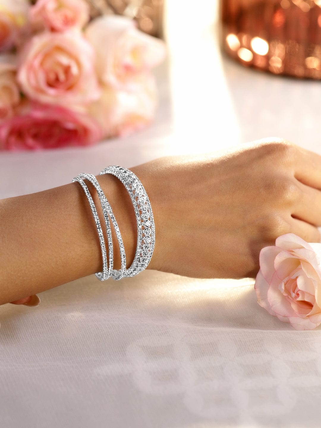 Rubans Rhodium-Plated Crystals Stone Studded Cuff Bracelet