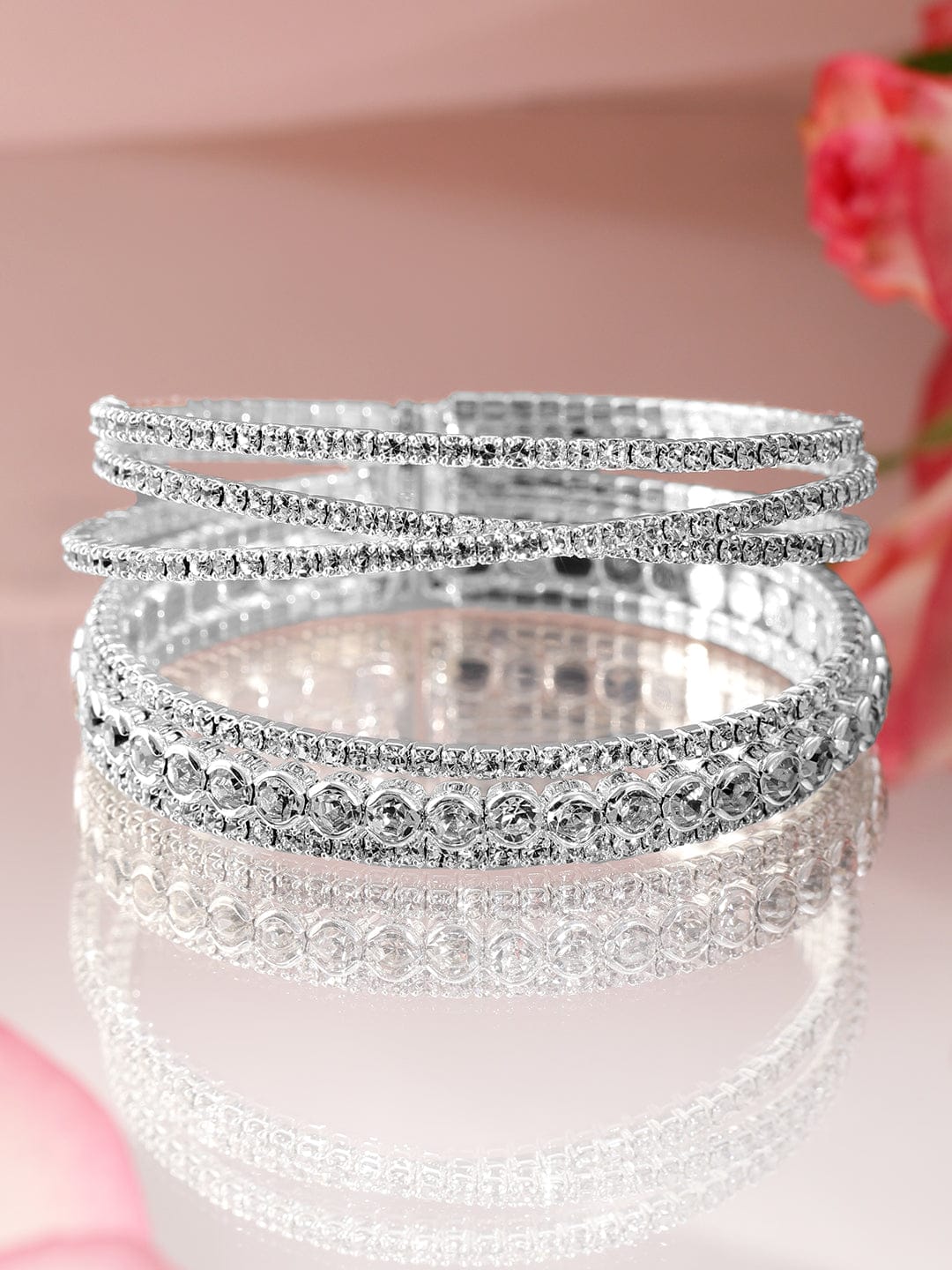 Rubans Rhodium-Plated Crystals Stone Studded Cuff Bracelet