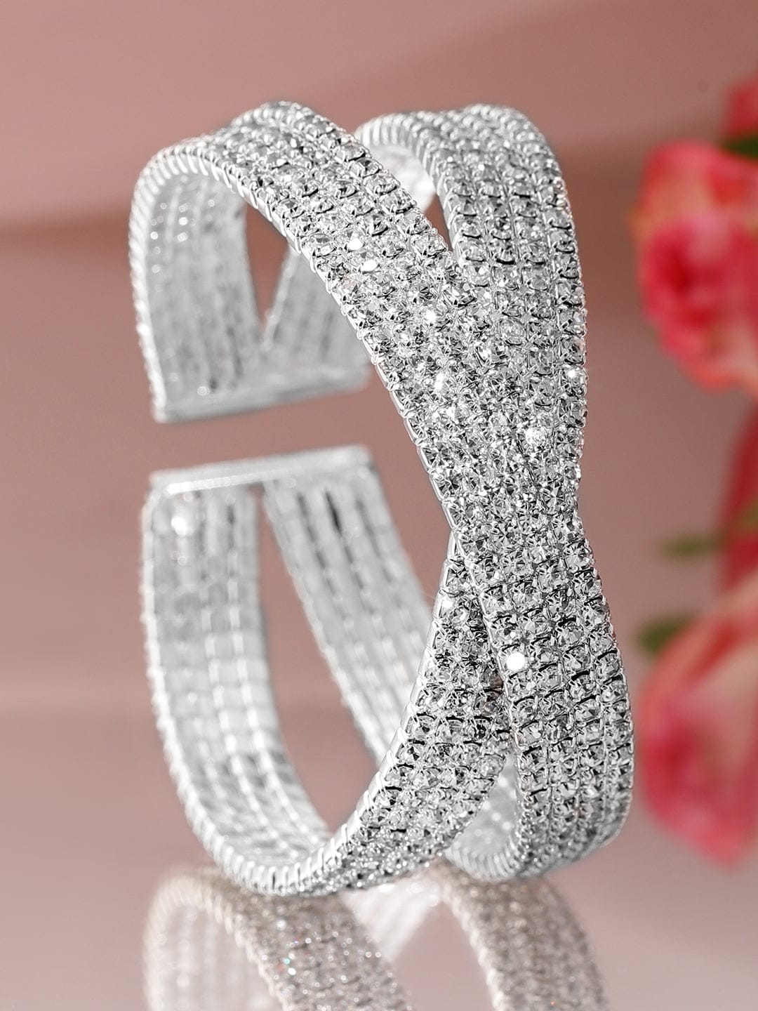 Rubans Rhodium-Plated Crystals Stone Studded Cuff Bracelet
