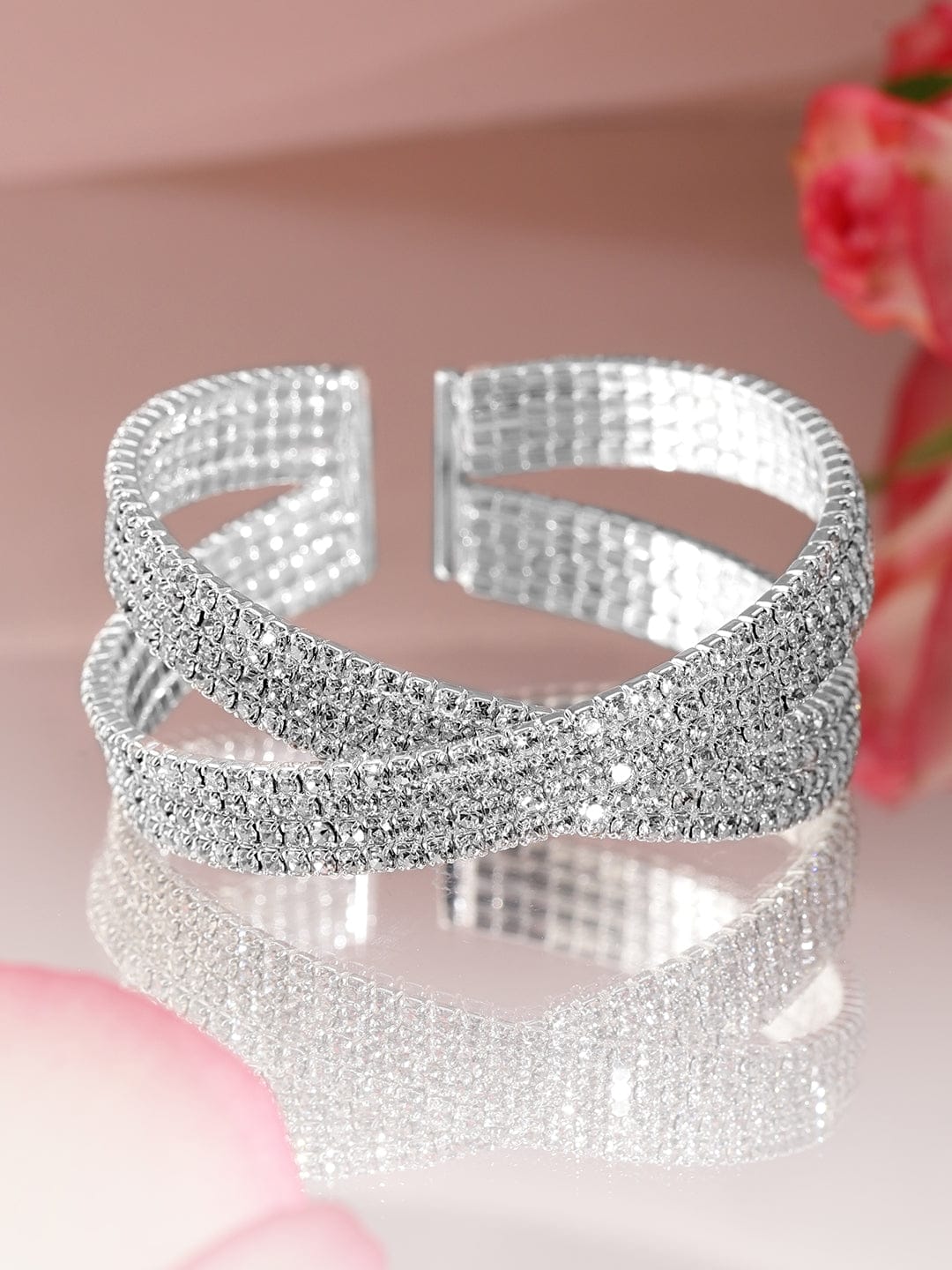 Rubans Rhodium-Plated Crystals Stone Studded Cuff Bracelet