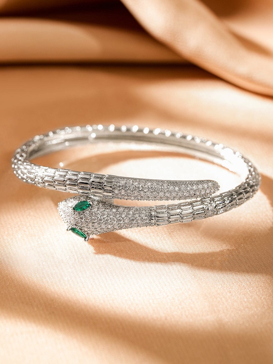Rubans Rhodium-Plated Cubic Zirconia Snake-Inspired Openable Bracelet with Emerald Accents