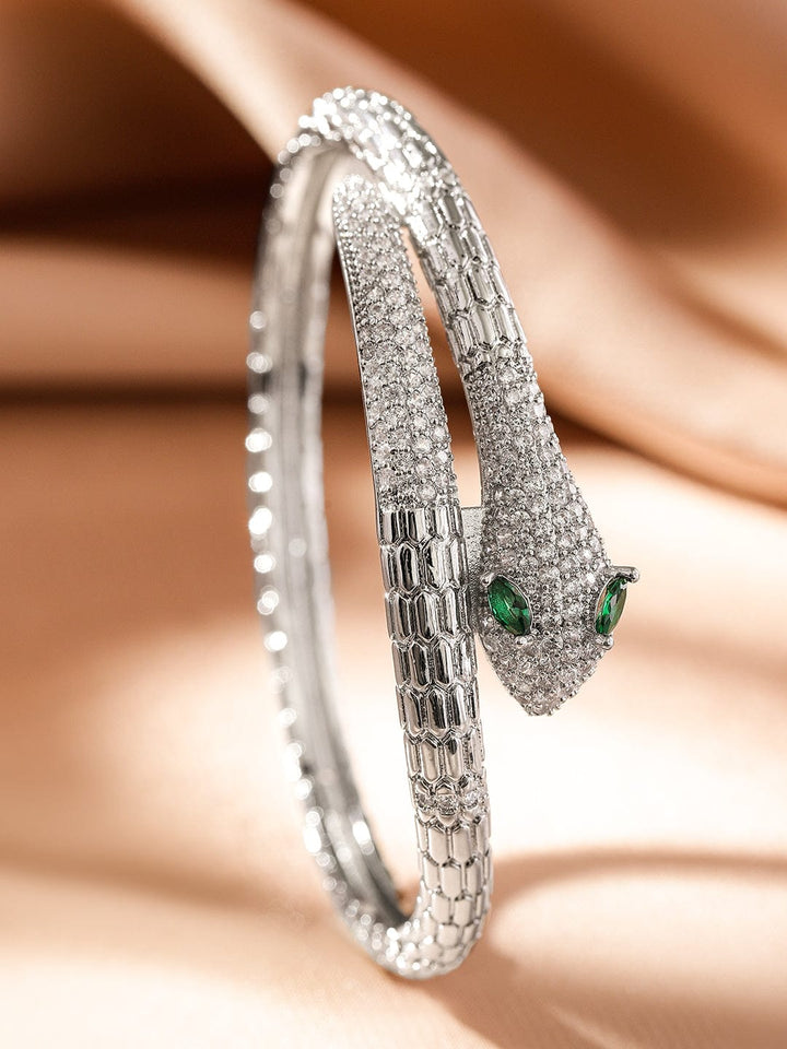 Rubans Rhodium-Plated Cubic Zirconia Snake-Inspired Openable Bracelet with Emerald Accents