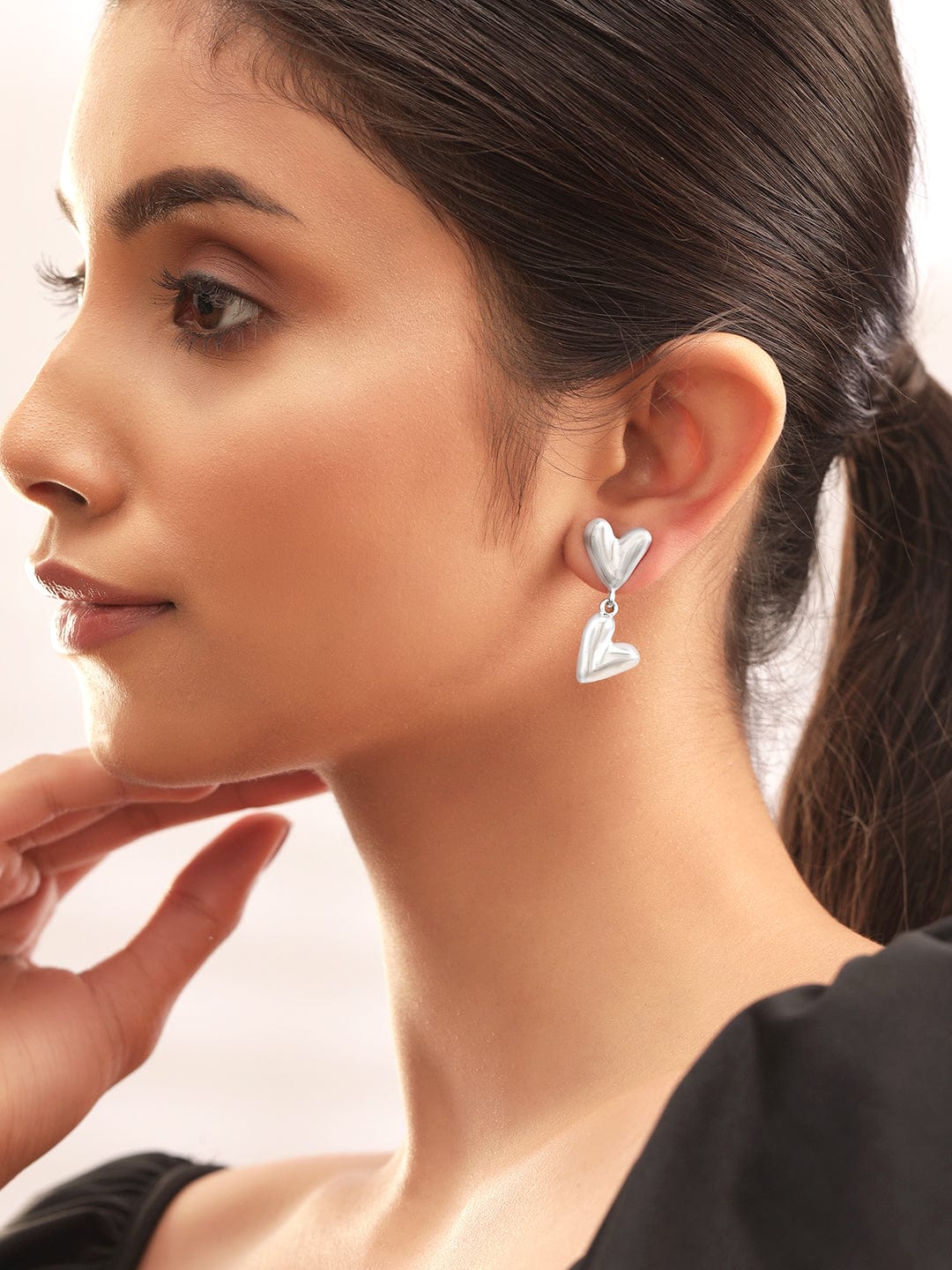 Rubans Rhodium-Plated Double Heart Stylish & Trendy Drop Earrings