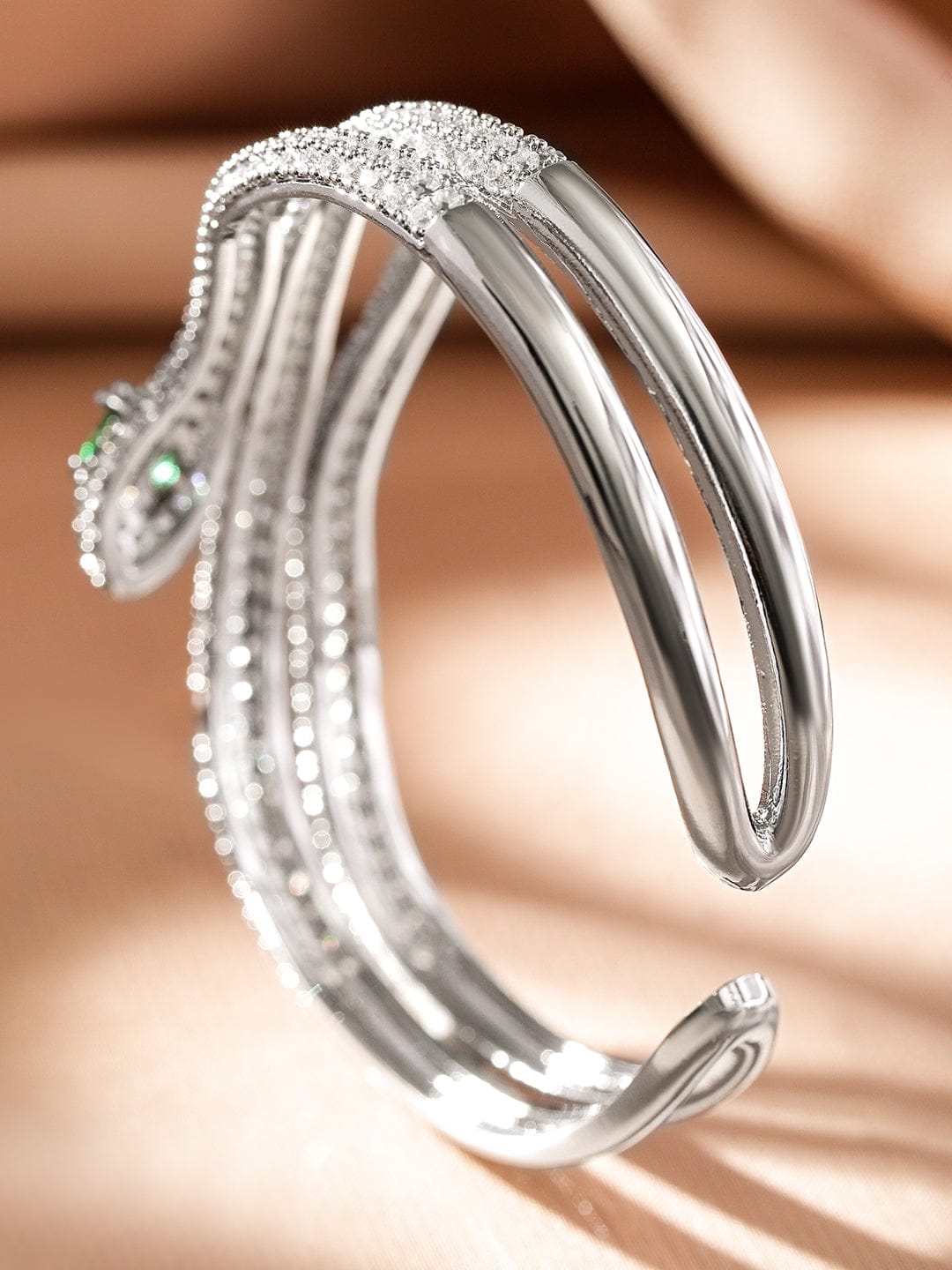 Rubans Rhodium-Plated Double Snake-Design Emerald & Cubic Zirconia Studded Openable Bracelet
