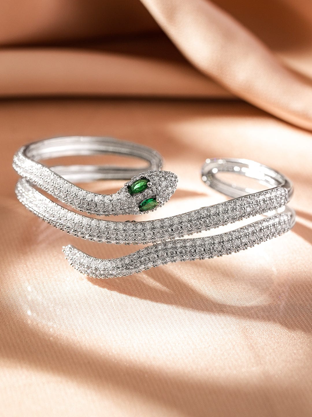 Rubans Rhodium-Plated Double Snake-Design Emerald & Cubic Zirconia Studded Openable Bracelet